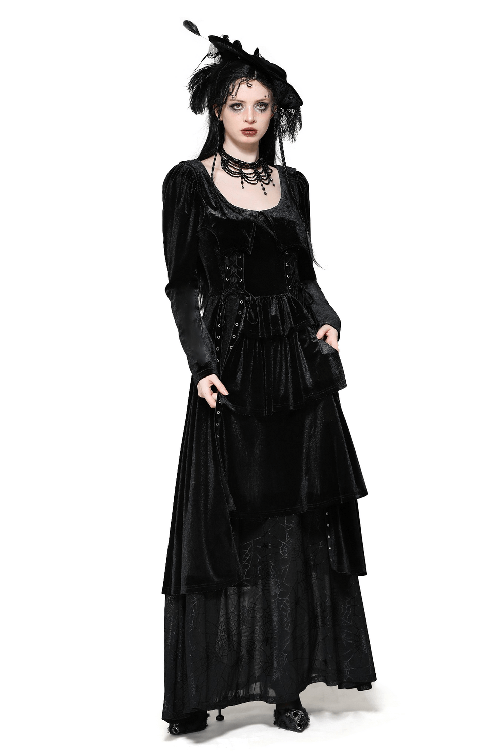 Elegant black velvet gothic dress with lace-up detail and mesh skirt, perfect for Victorian-themed events and cosplay.