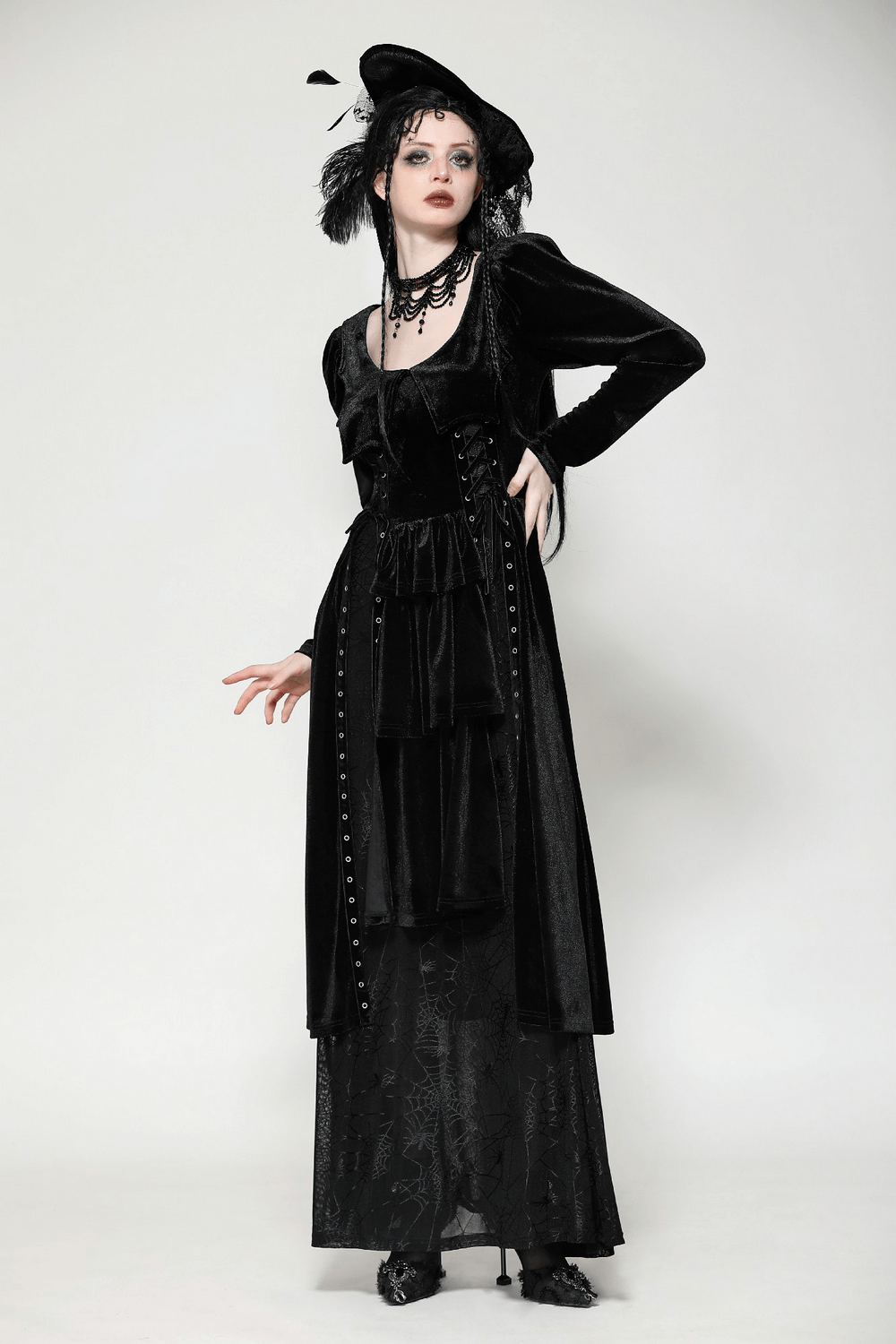 Elegant Gothic velvet lace-up dress with mesh details, perfect for Victorian themes and dark romance.