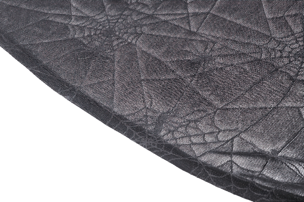 Intricate spiderweb-patterned black mesh fabric, adding a gothic touch to the dress design.