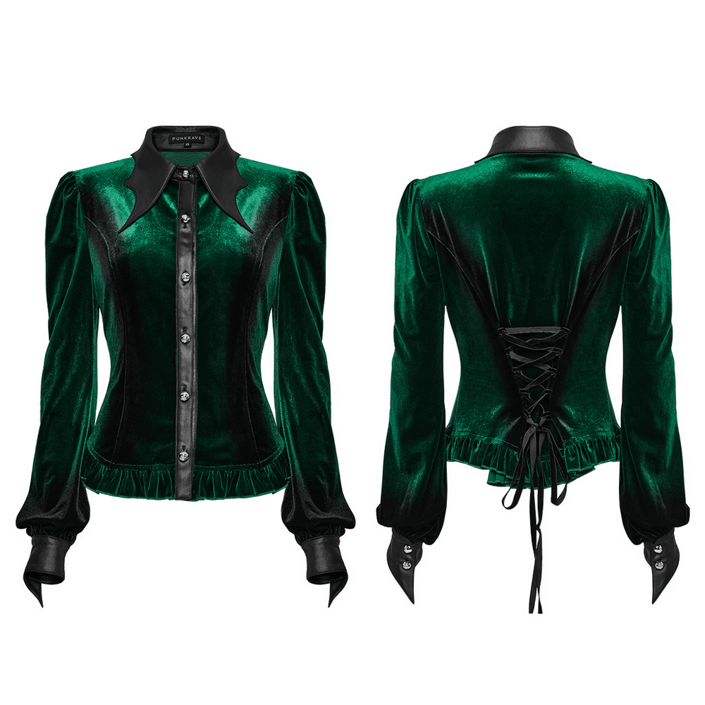 Gothic velvet shirt with bat collar, gradient design, and ruffled hem. Elegant and dramatic style for a fashionable look.
