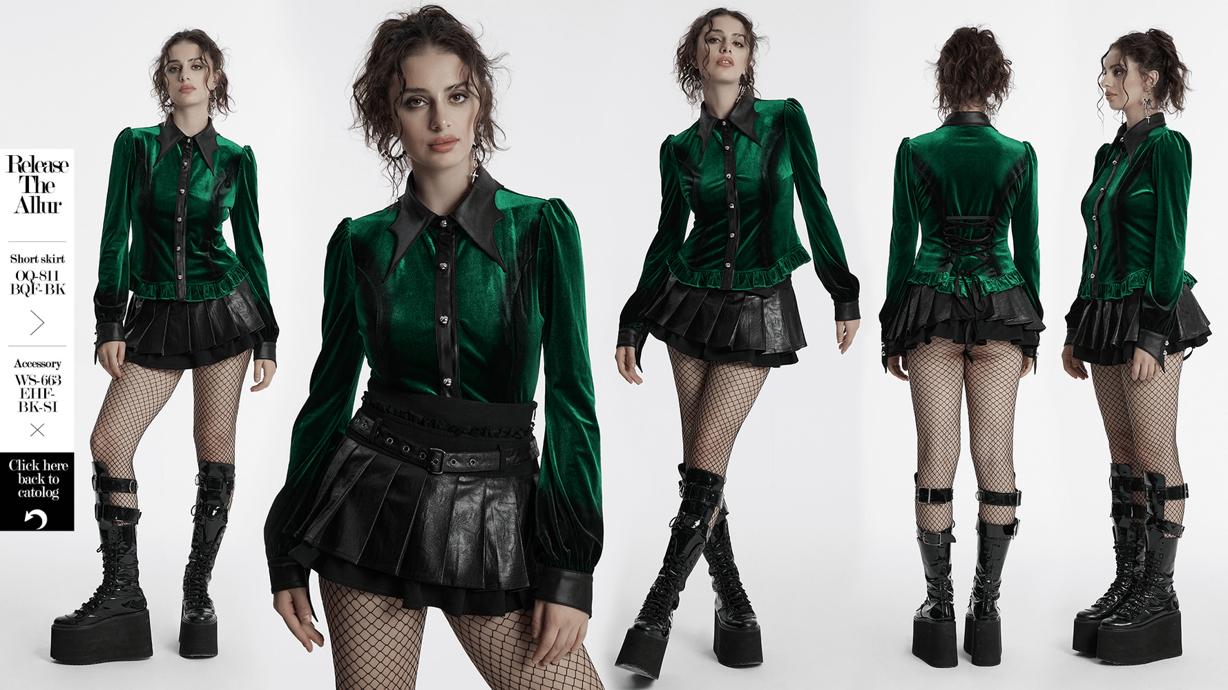 Gothic velvet shirt with bat collar, ruffled edges, in green gradient, paired with a stylish black leather skirt.