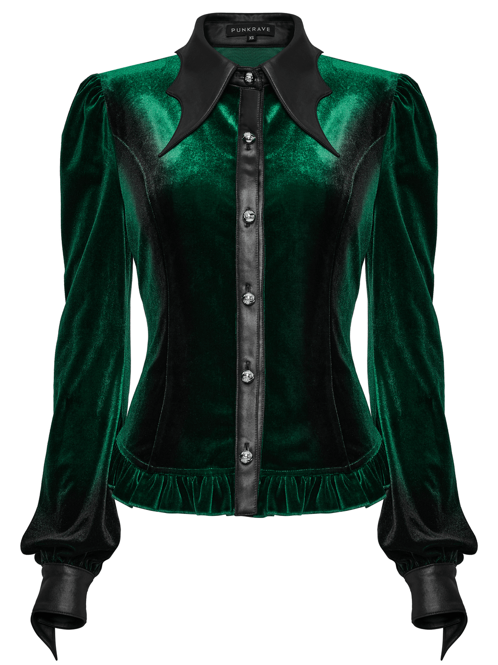 Gothic velvet lace-up shirt with bat collar and gradient design, featuring ruffles and floral buttons, perfect for a dramatic flair.