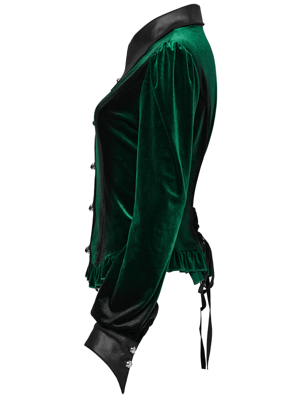 Goth velvet shirt with bat collar, ruffled hem, and gradient design, perfect for a dramatic look.