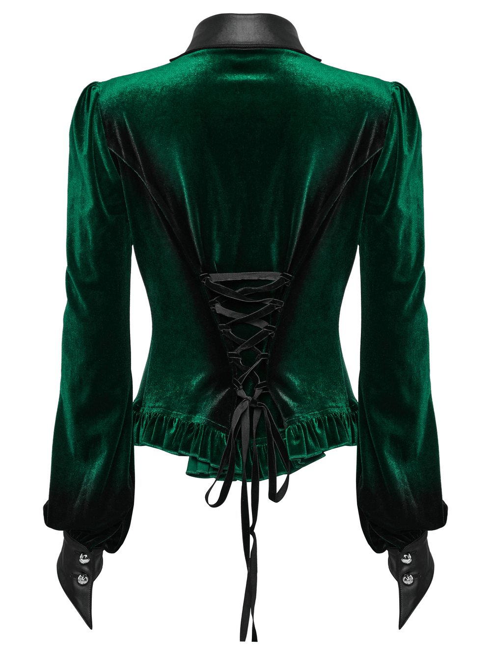 Back view of goth velvet lace-up shirt in deep green with bat collar and ruffled edges, showcasing a striking gradient design.