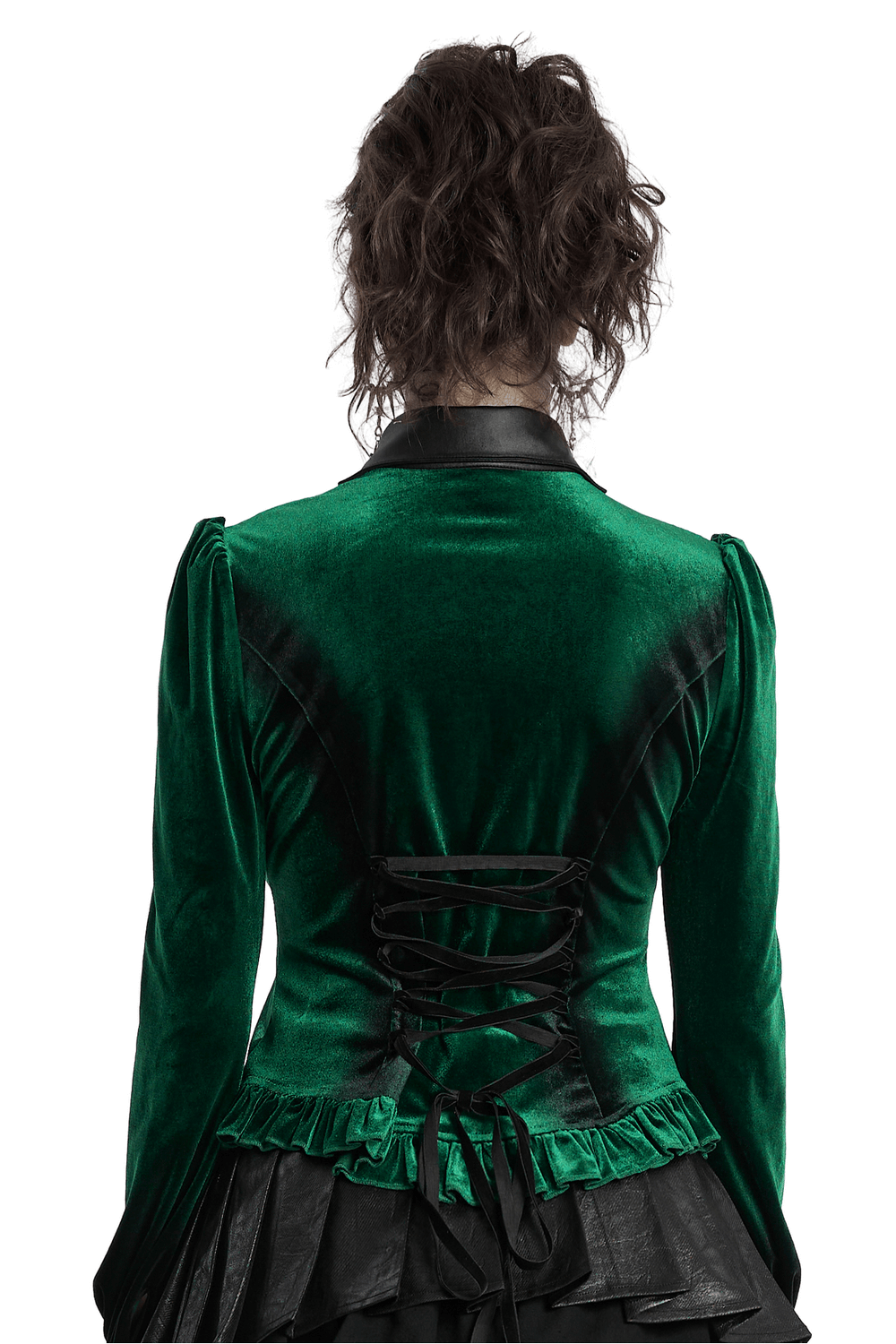Back view of a gothic velvet shirt with bat collar, ruffled hem, and lace-up details in deep green.