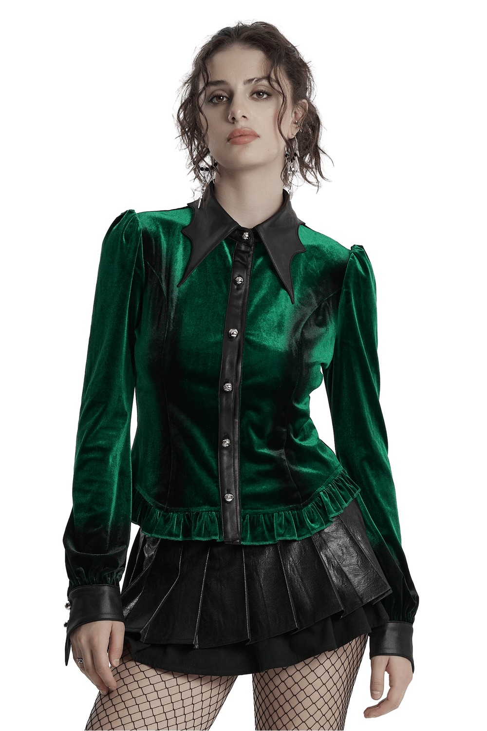Gothic velvet shirt with bat collar and gradient design, featuring ruffles and floral buttons for a striking look.