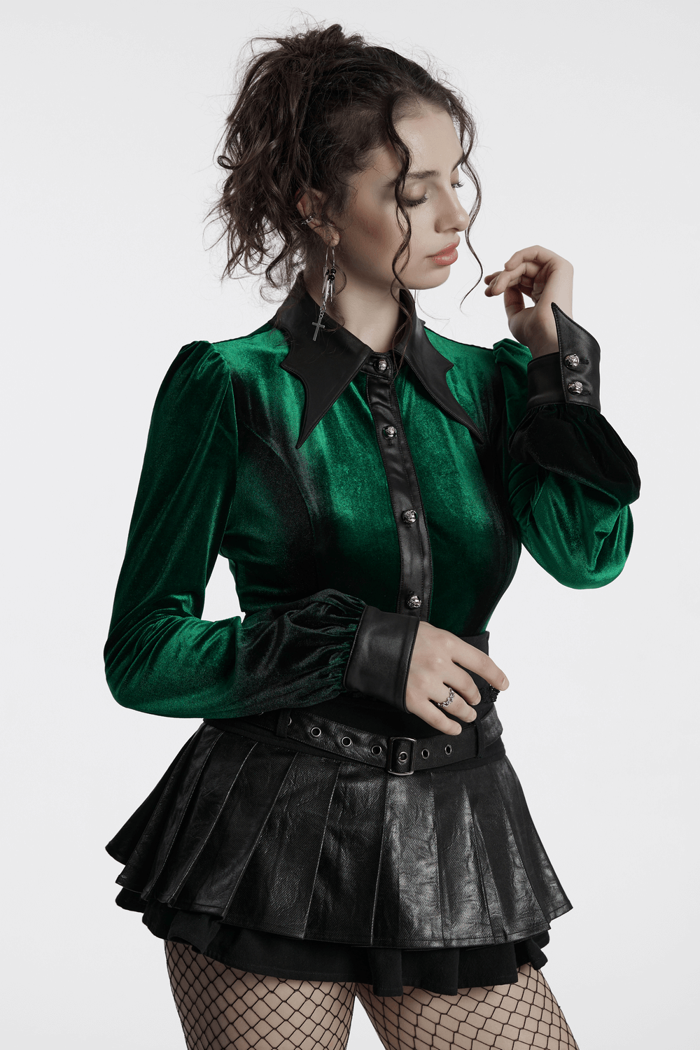 Gothic velvet shirt with bat collar and gradient design, featuring ruffled edges and striking green color.