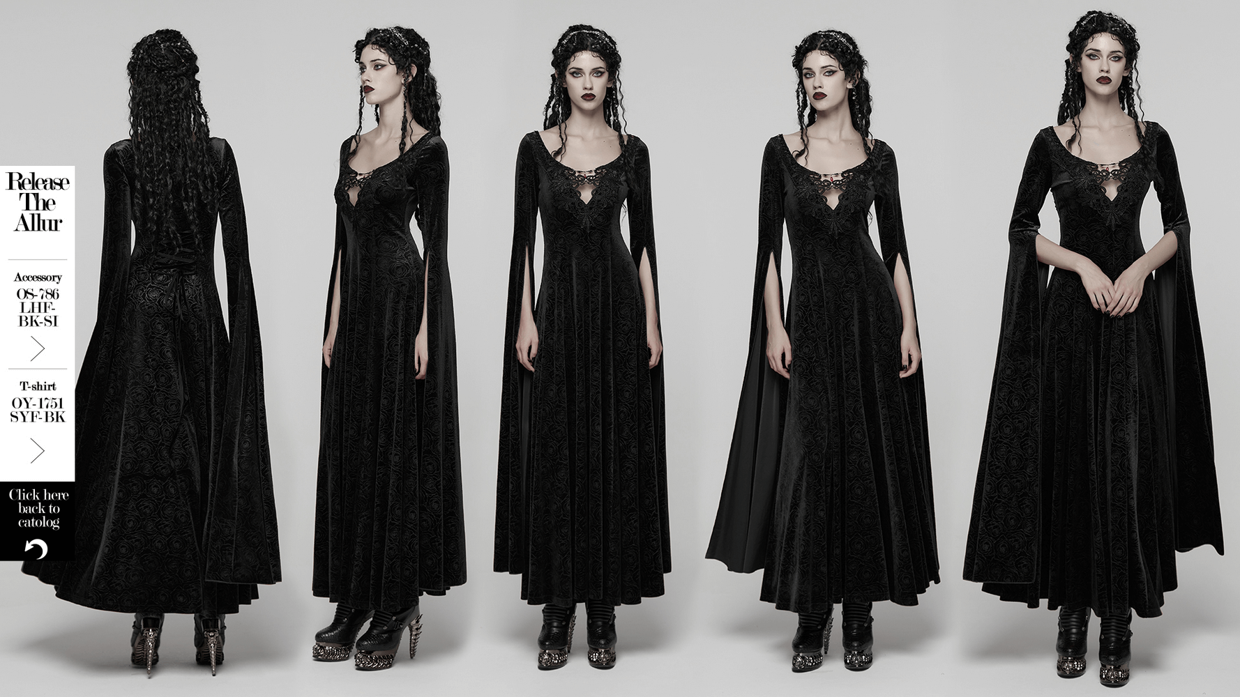 Velvet Long Dress with Gem Appliqué and Flared Sleeves, showcasing gothic elegance and flowing sleeves.