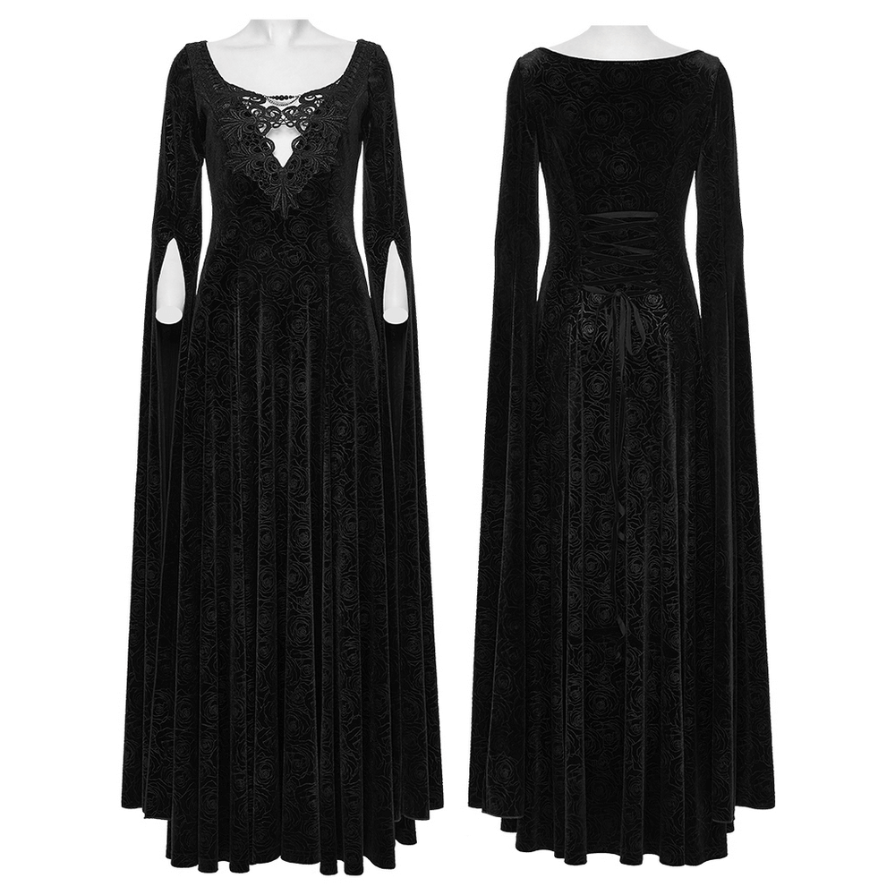 Elegant Velvet Long Dress with Gem Appliqué and Flared Sleeves, showcasing flowing sleeves and a luxurious silhouette.