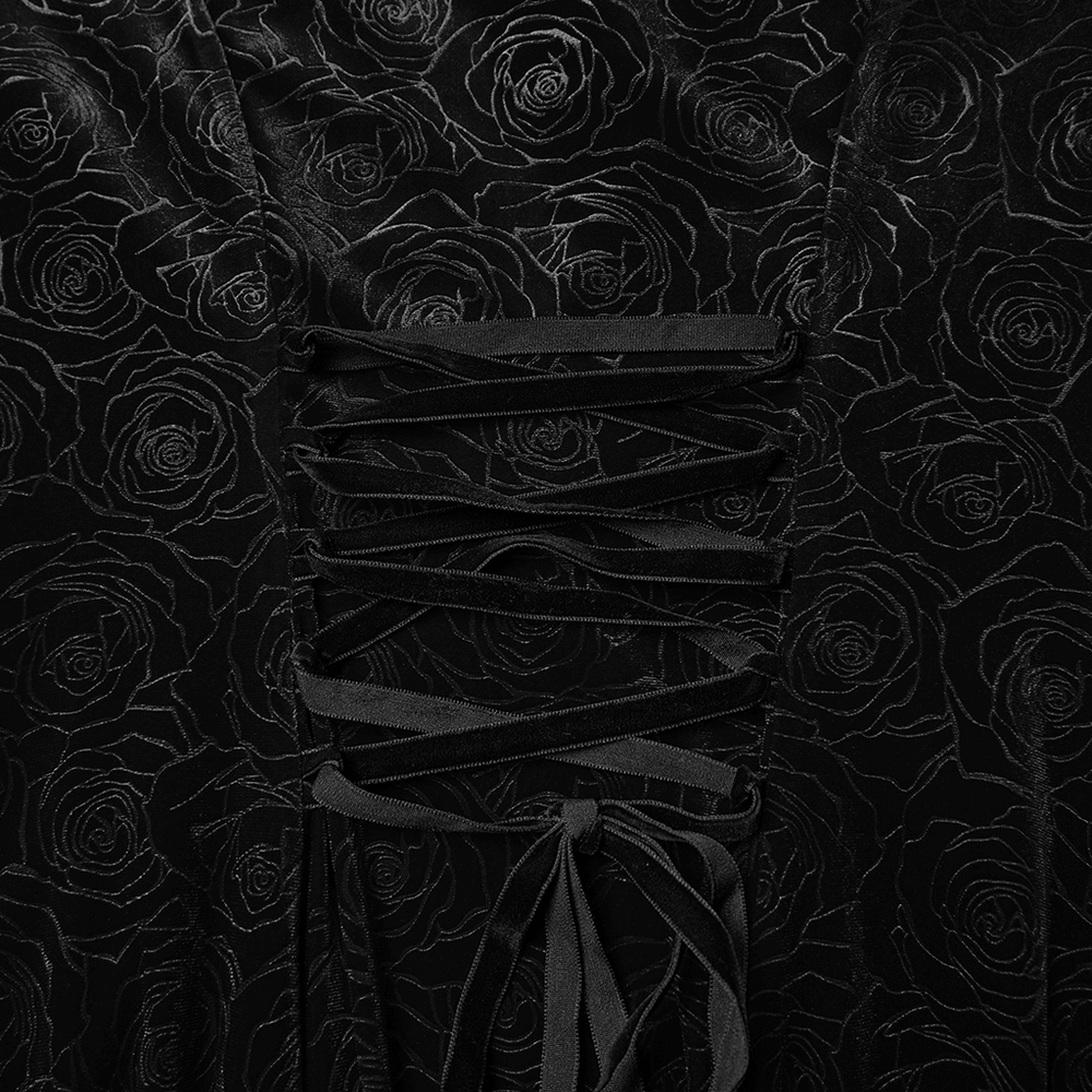 Detail of the Velvet Long Dress with Gem Appliqué and Flared Sleeves featuring a rose pattern and adjustable lace-up back.