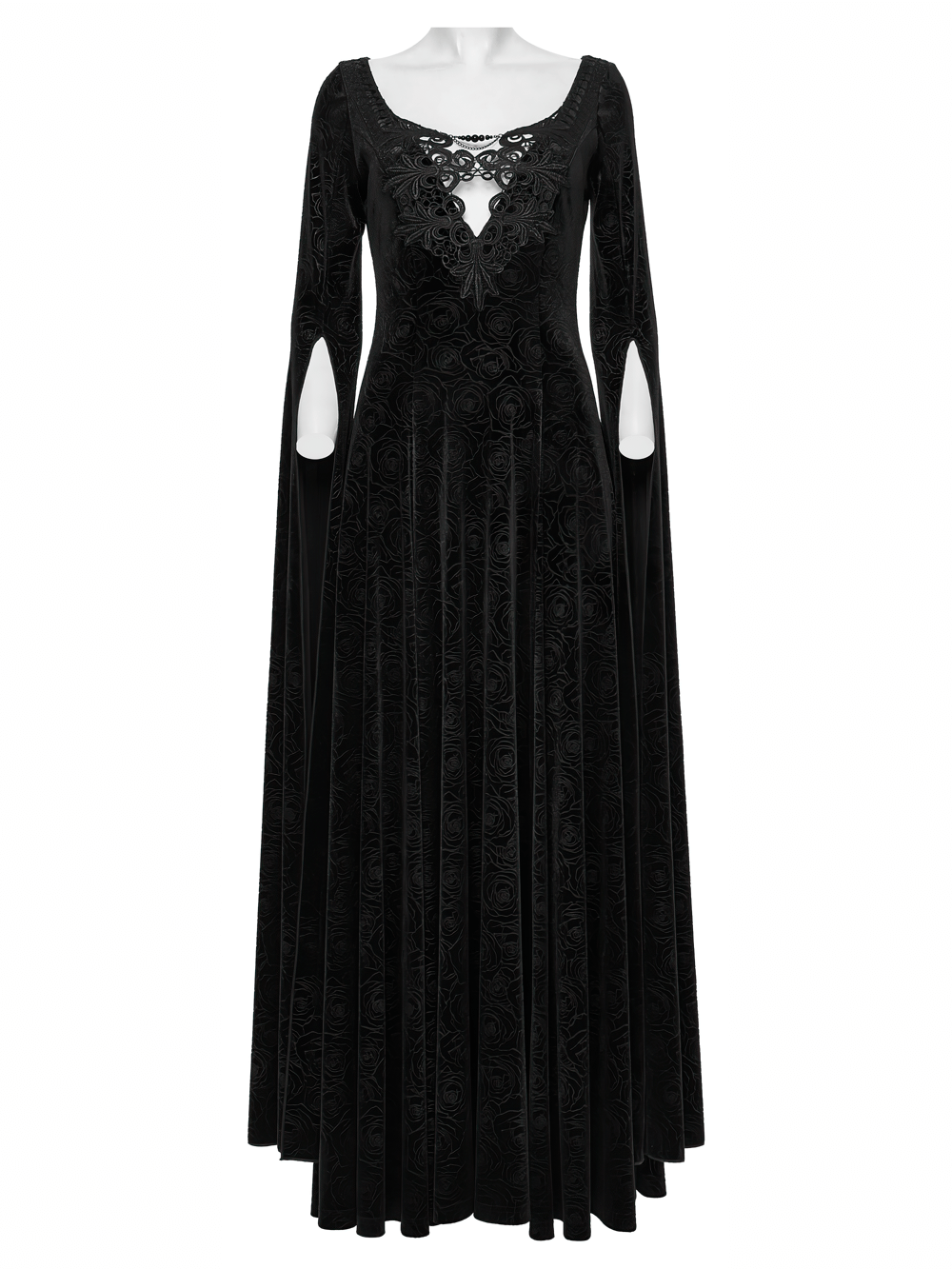 Velvet Long Dress with Gem Appliqué and Flared Sleeves, featuring intricate appliqués and flowing sleeves.