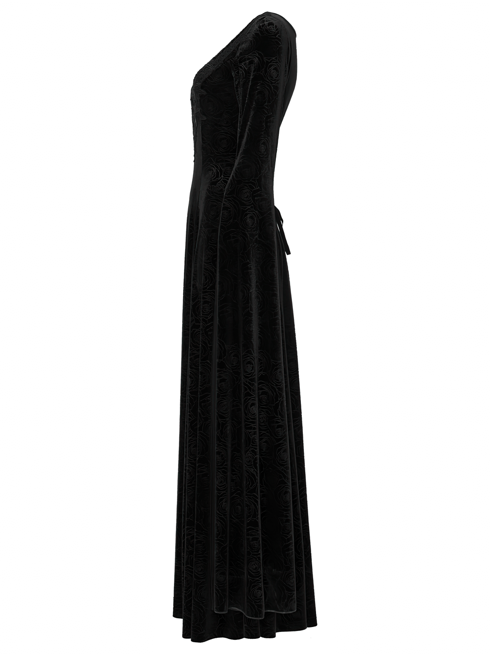 Velvet Long Dress with Gem Appliqué and Flared Sleeves showcased in elegant black rose velvet from the side view.