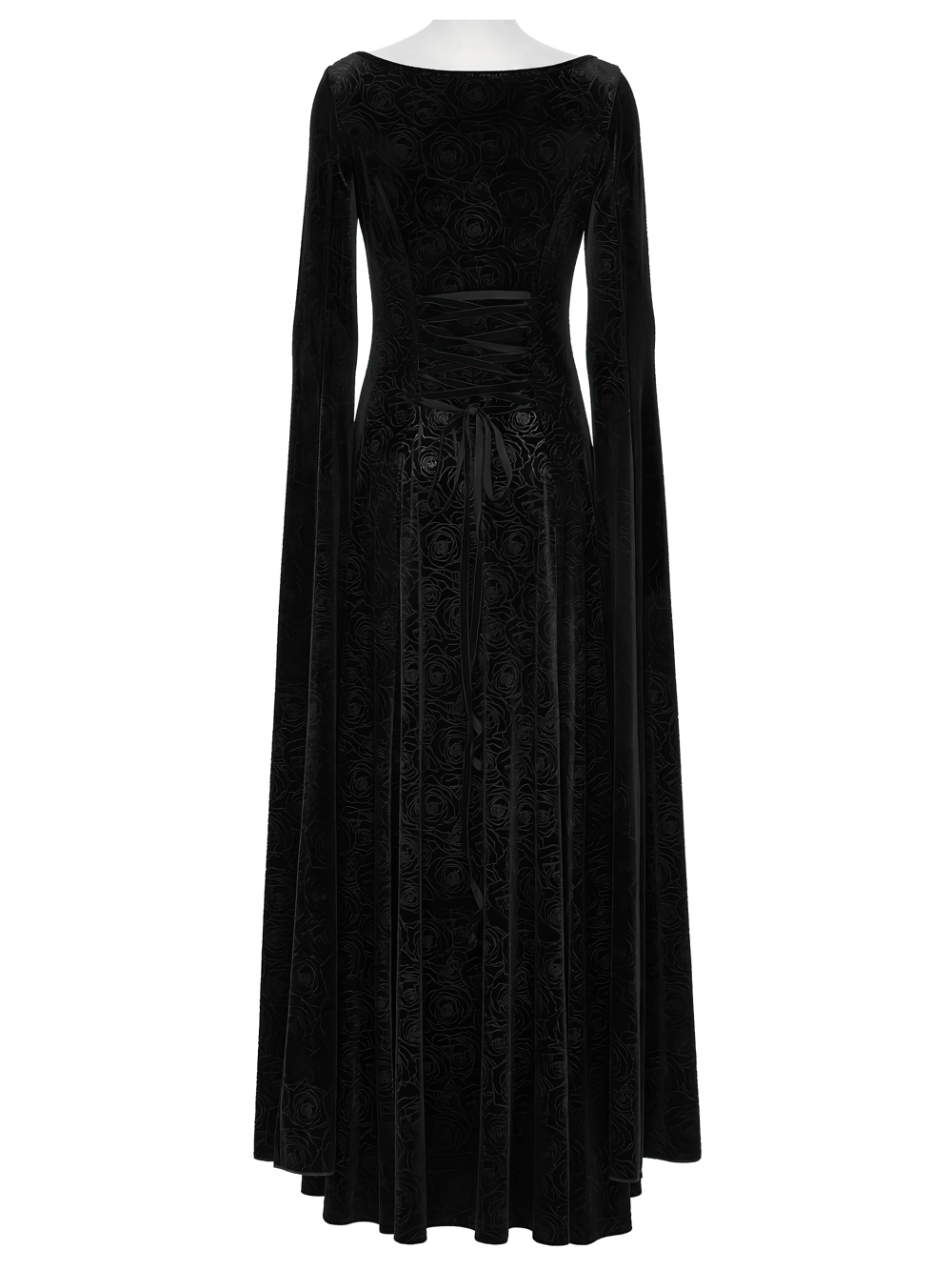 Velvet Long Dress with Gem Appliqué and Flared Sleeves showing the elegant back view and flowing silhouette.