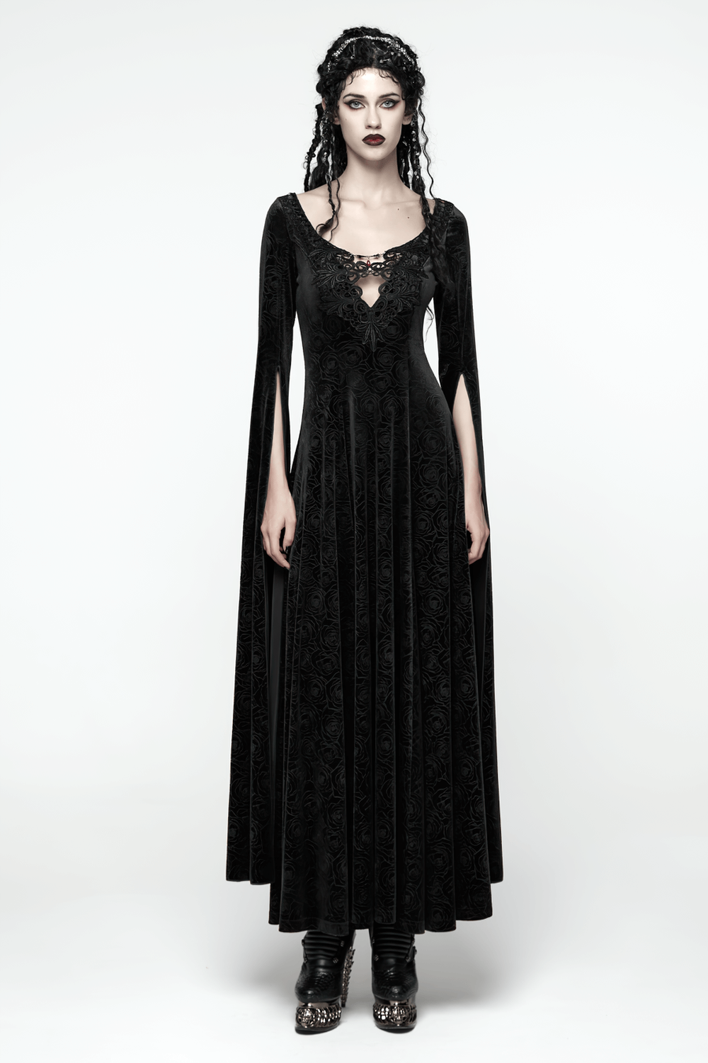 Velvet Long Dress with Gem Appliqué and Flared Sleeves, showcasing gothic elegance and flowing sleeves.