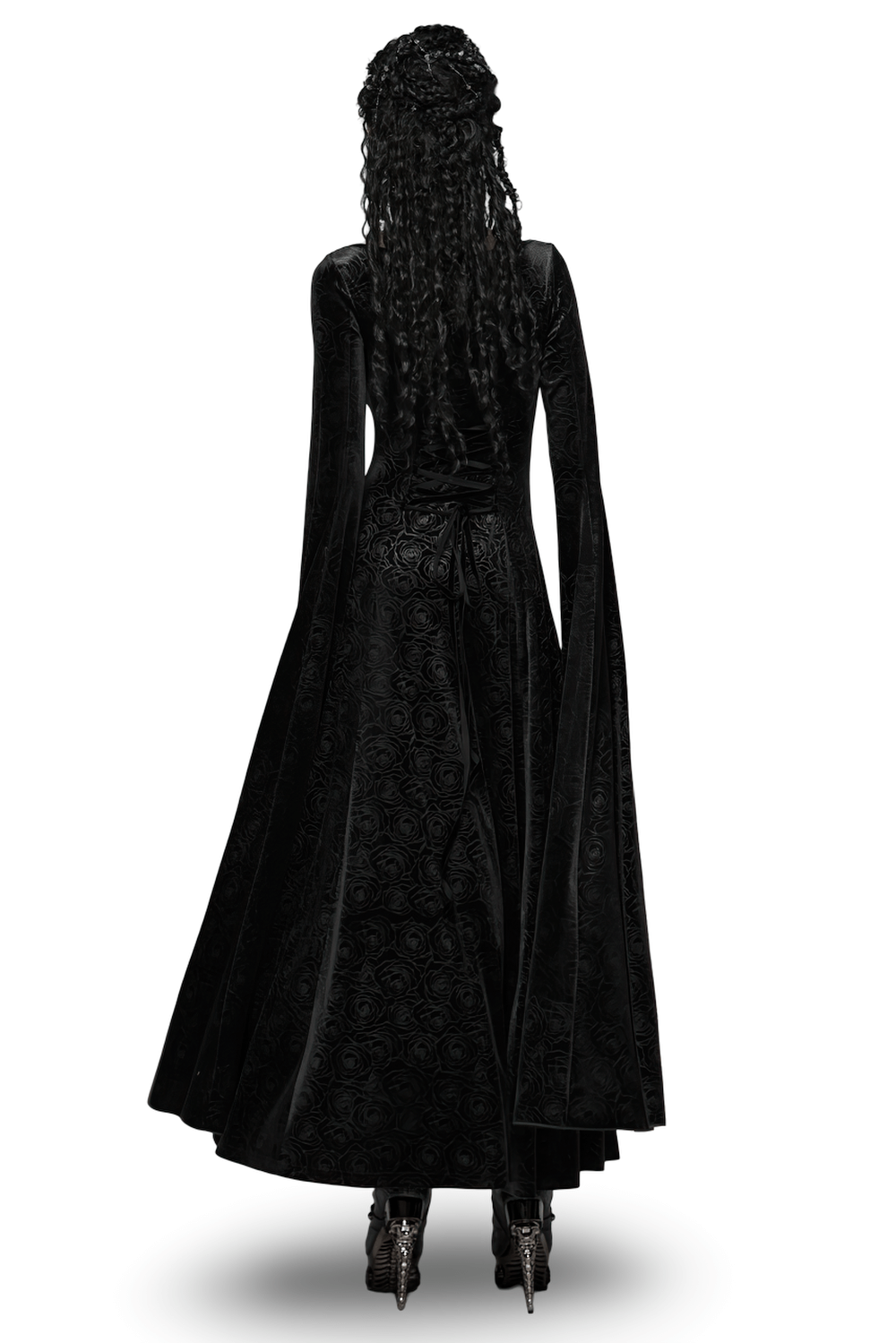 Velvet Long Dress with Gem Appliqué and Flared Sleeves showcasing flowing sleeves and intricate back detail.