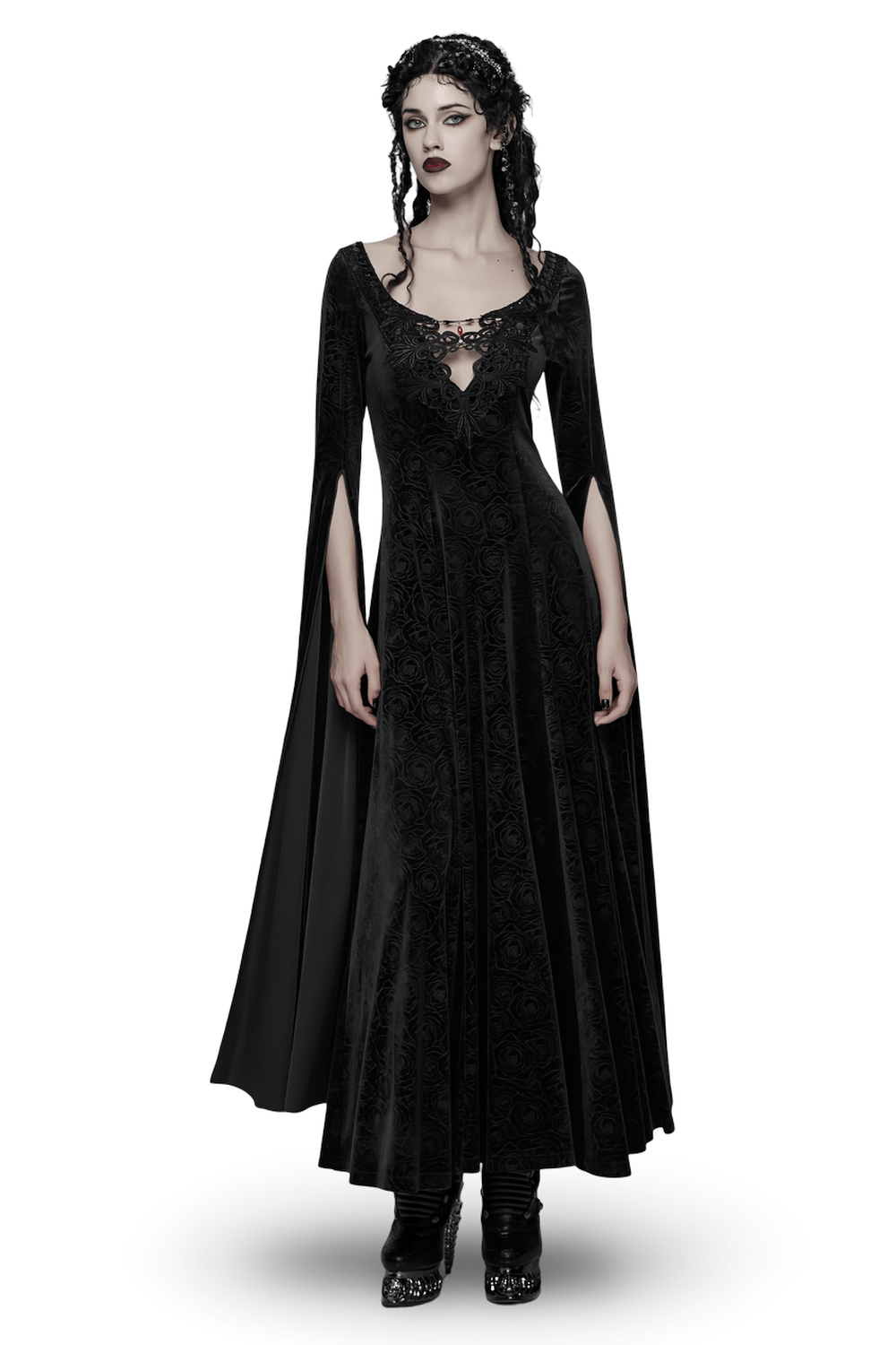 Velvet Long Dress with Gem Appliqué and Flared Sleeves on a model with flowing sleeves and gothic elegance.