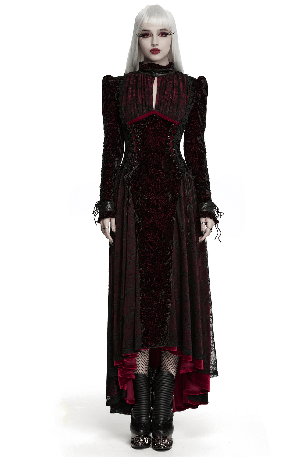 Velvet Maxi Dress with High Collar and Lace-Up Waist, gothic burgundy and black long-sleeve style