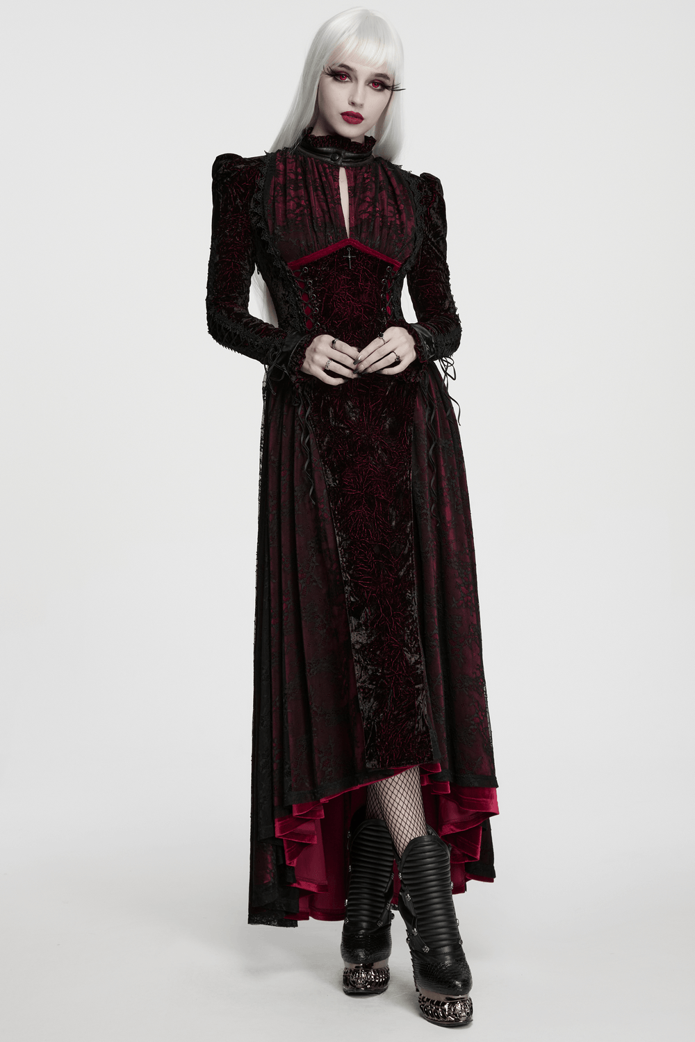 Velvet Maxi Dress with High Collar and Lace-Up Waist, gothic burgundy black dress with dramatic hem