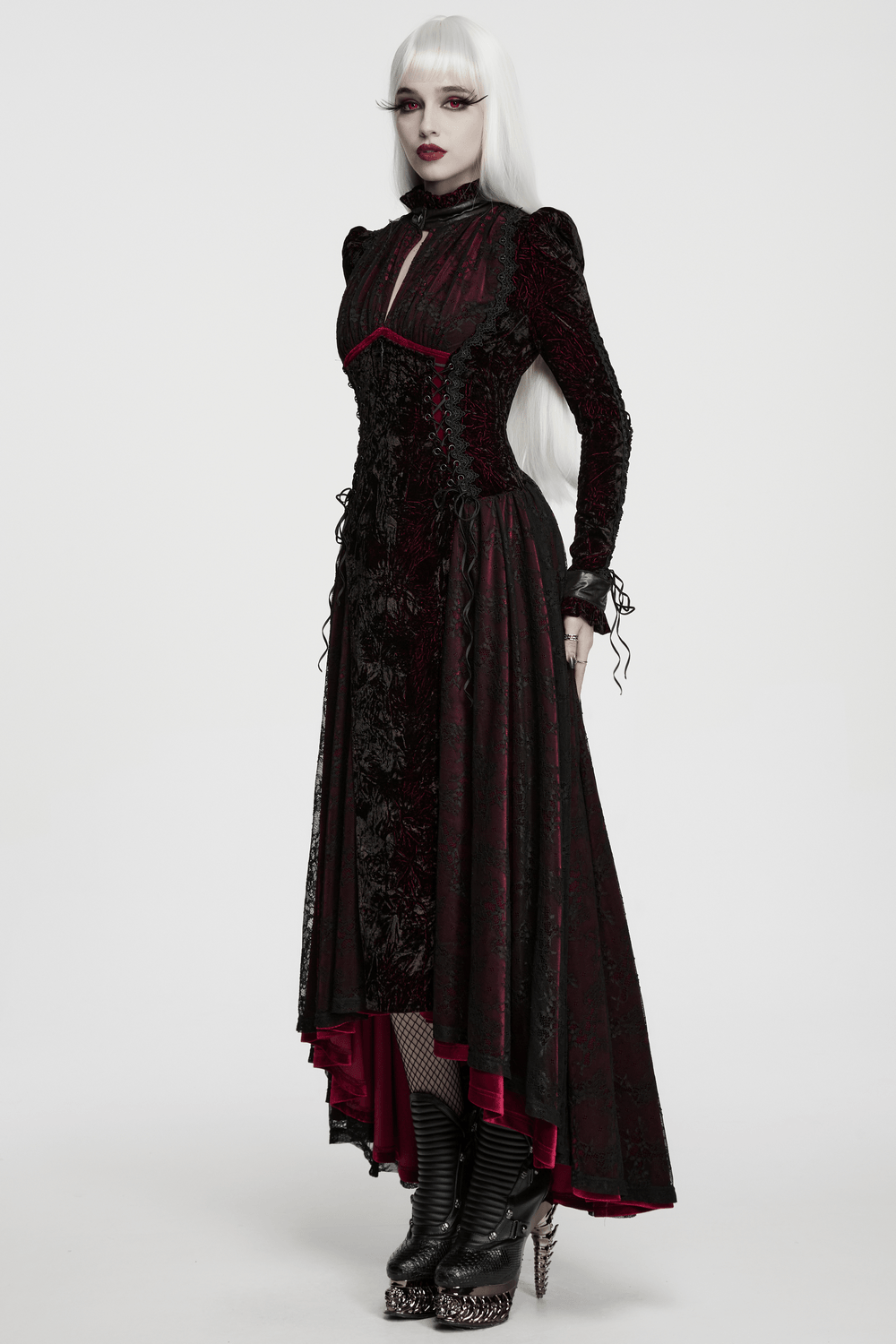 Velvet Maxi Dress with High Collar and Lace-Up Waist, gothic black and burgundy long-sleeve statement gown