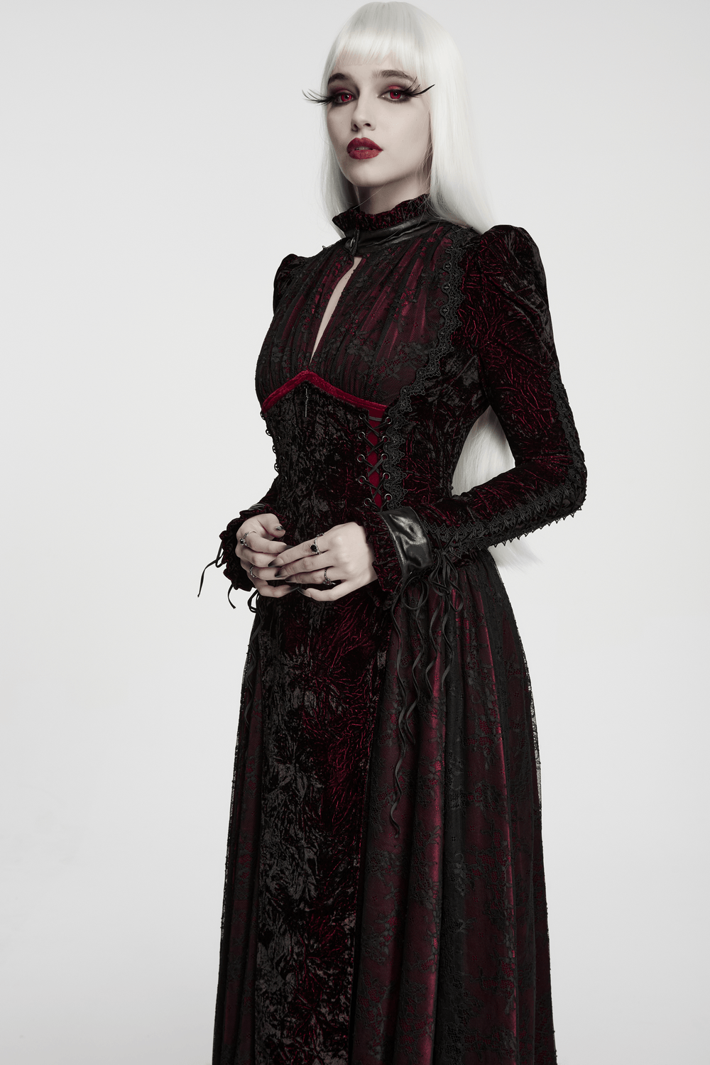 Velvet Maxi Dress with High Collar and Lace-Up Waist, gothic black and burgundy long-sleeve statement dress