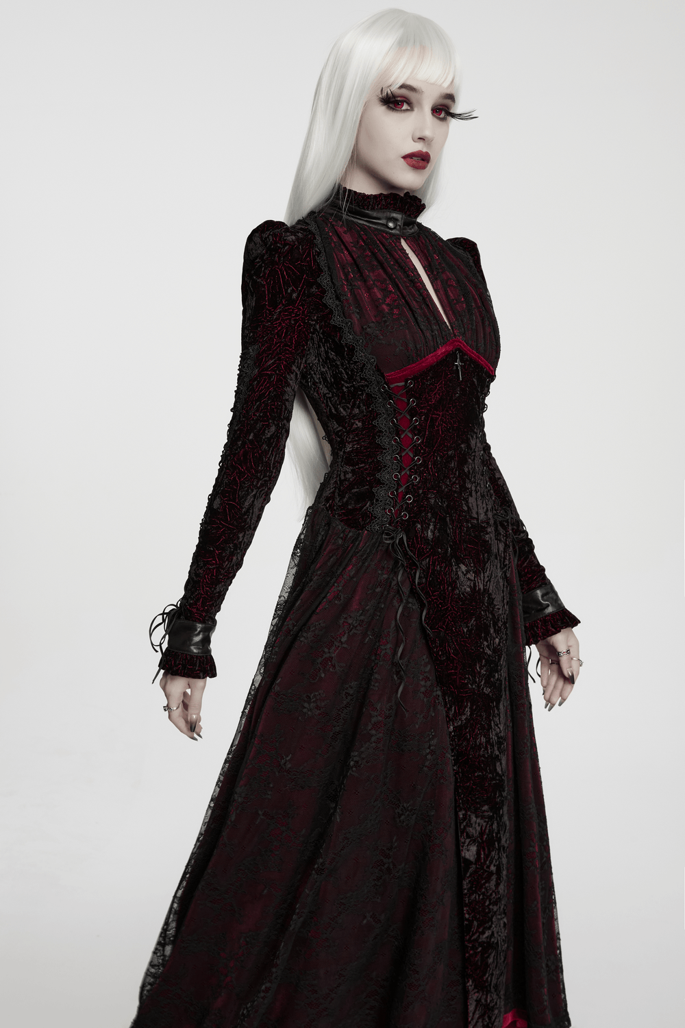 Velvet Maxi Dress with High Collar and Lace-Up Waist, gothic black and burgundy long-sleeve style