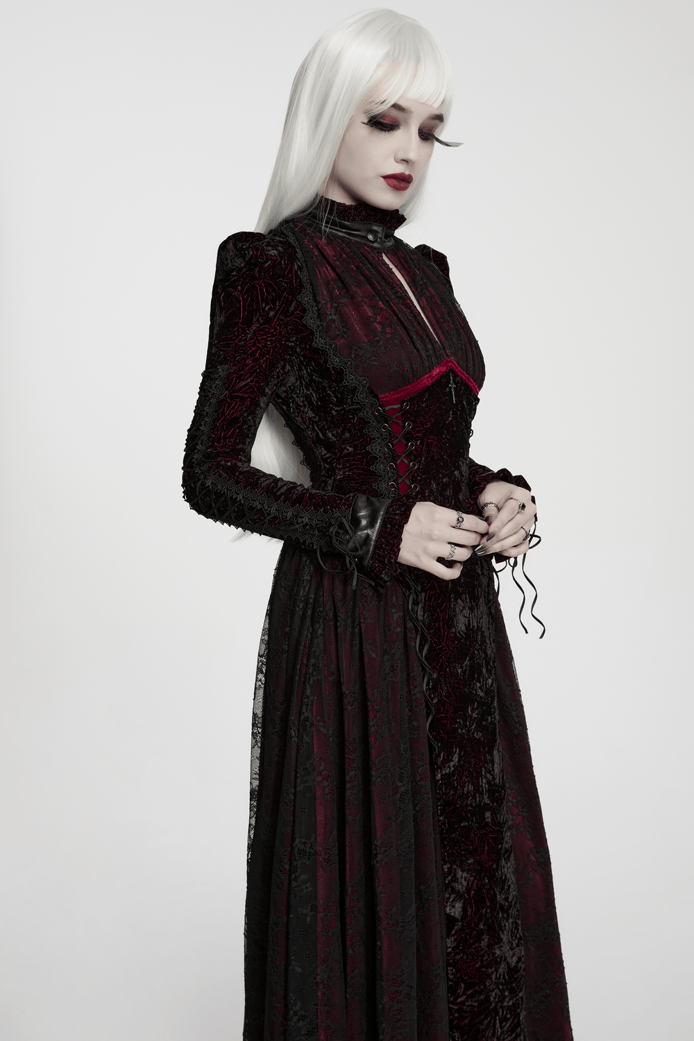 Velvet Maxi Dress with High Collar and Lace-Up Waist, gothic black and burgundy style