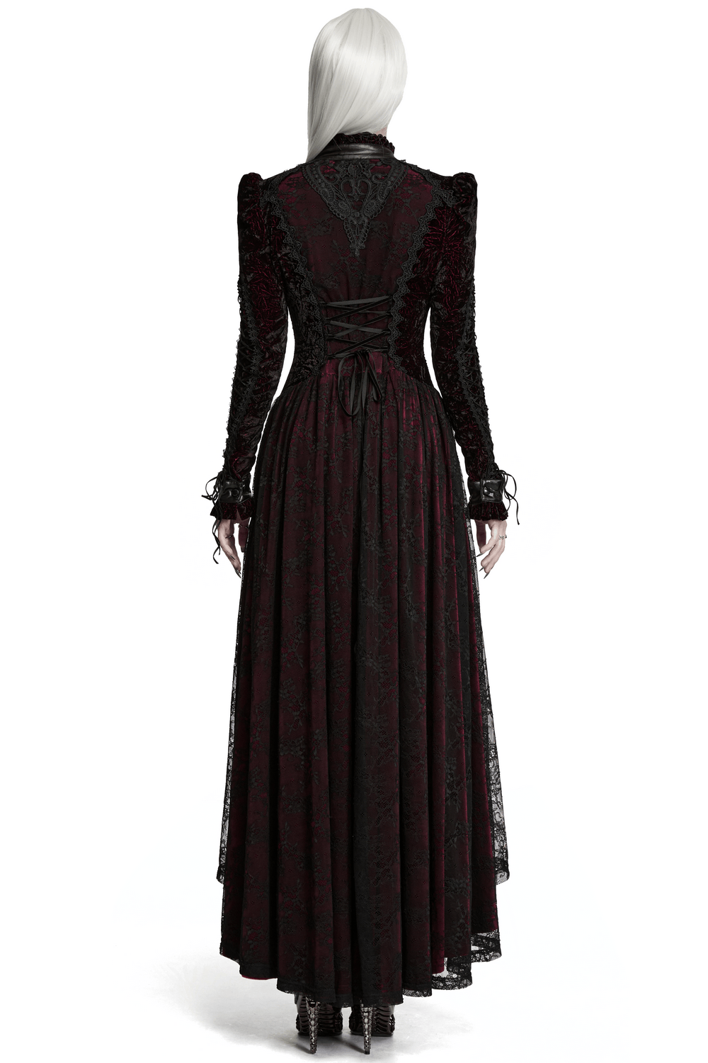 Velvet Maxi Dress with High Collar and Lace-Up Waist, gothic black and burgundy back view