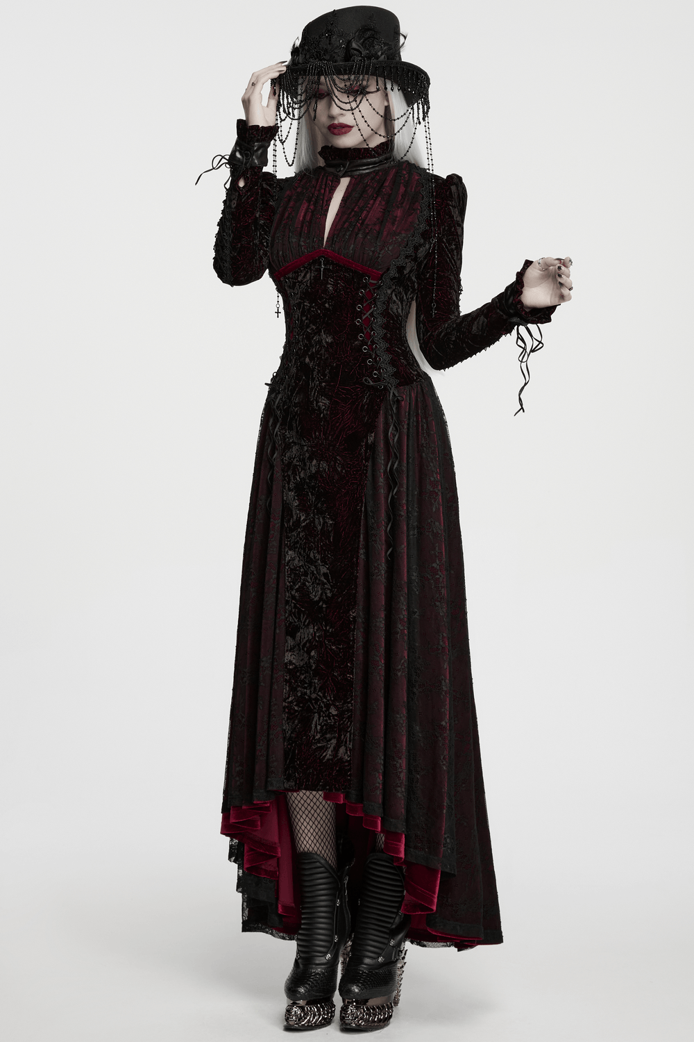 Velvet Maxi Dress with High Collar and Lace-Up Waist, gothic black-and-burgundy Victorian style with dramatic details