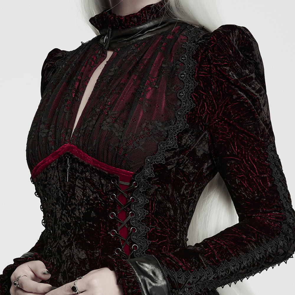 Velvet Maxi Dress with High Collar and Lace-Up Waist, gothic burgundy velvet with lace details