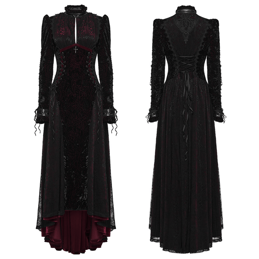 Velvet Maxi Dress with High Collar and Lace-Up Waist, black-burgundy gothic long dress with lace sleeves