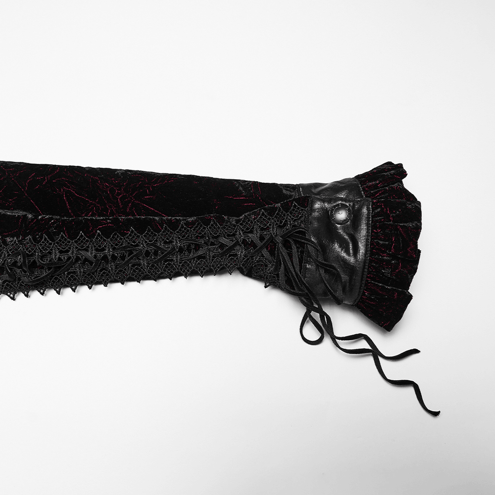 Velvet Maxi Dress with High Collar and Lace-Up Waist black velvet sleeve with lace-up cuff detail