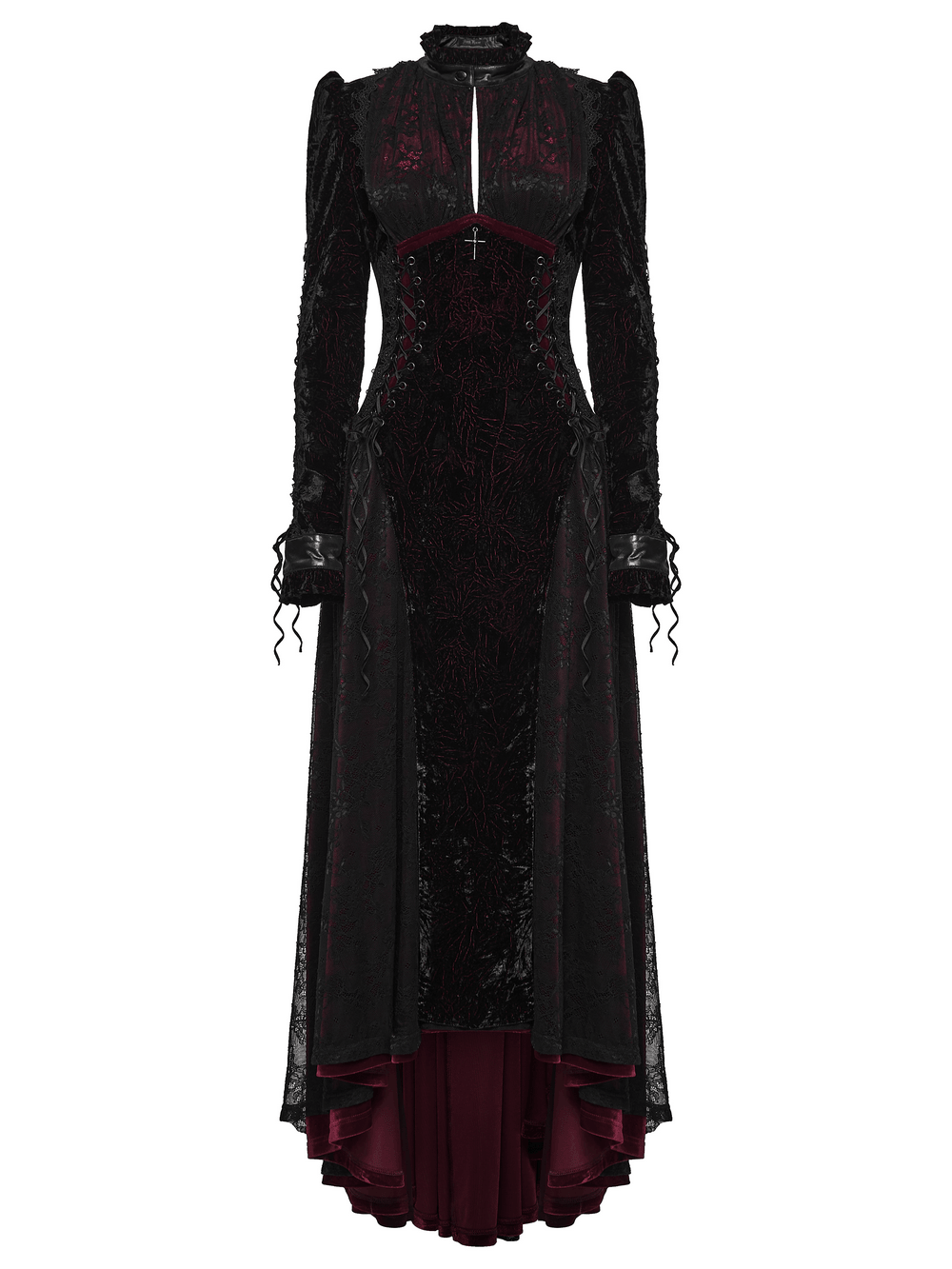 Velvet Maxi Dress with High Collar and Lace-Up Waist, black gothic long-sleeve maxi with burgundy accents