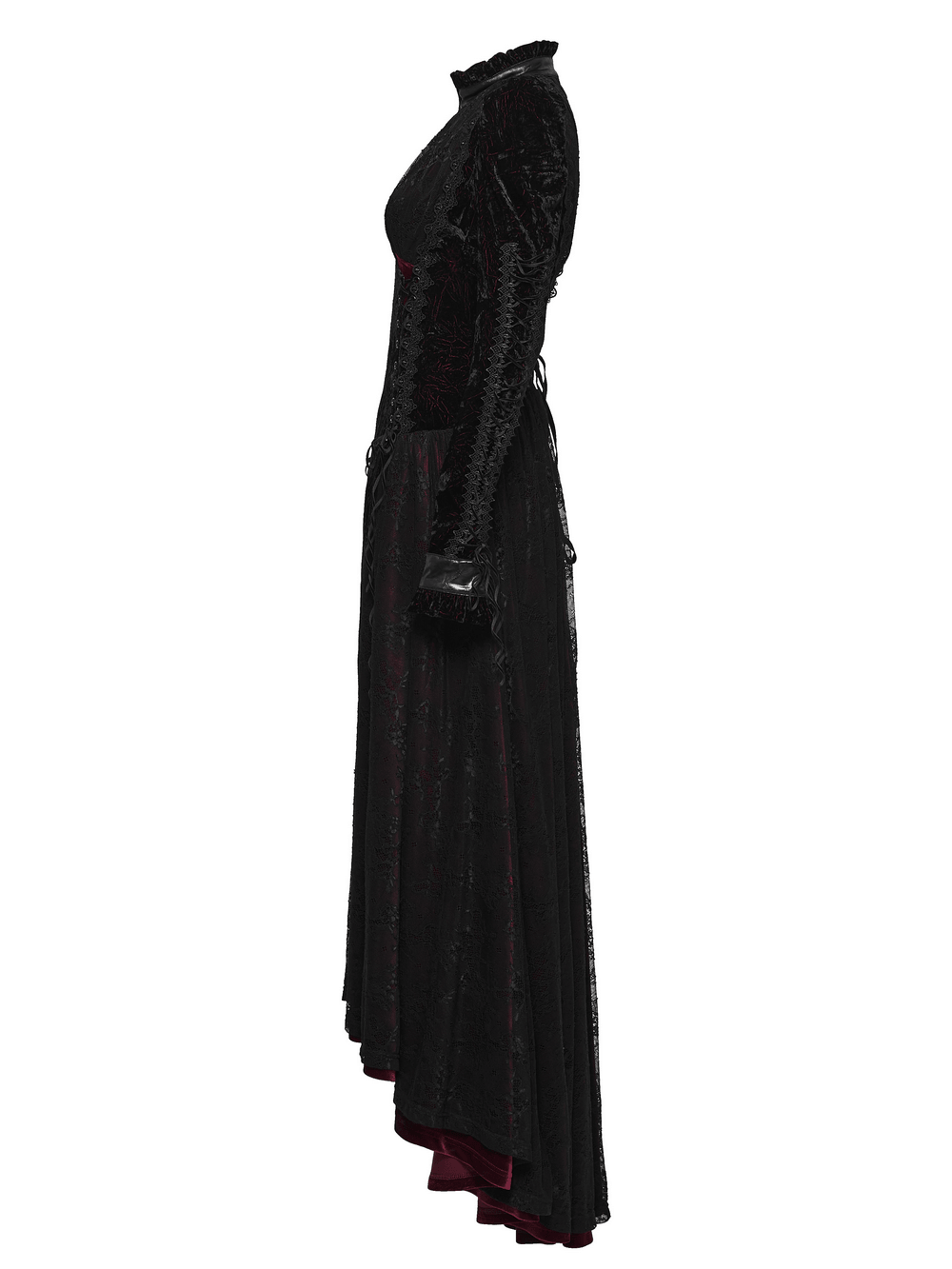Velvet Maxi Dress with High Collar and Lace-Up Waist, black gothic long sleeve side view