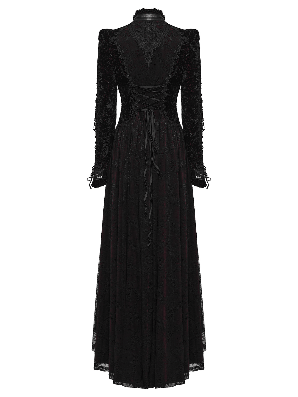 Velvet Maxi Dress with High Collar and Lace-Up Waist, elegant black gothic long-sleeve gown with lace details
