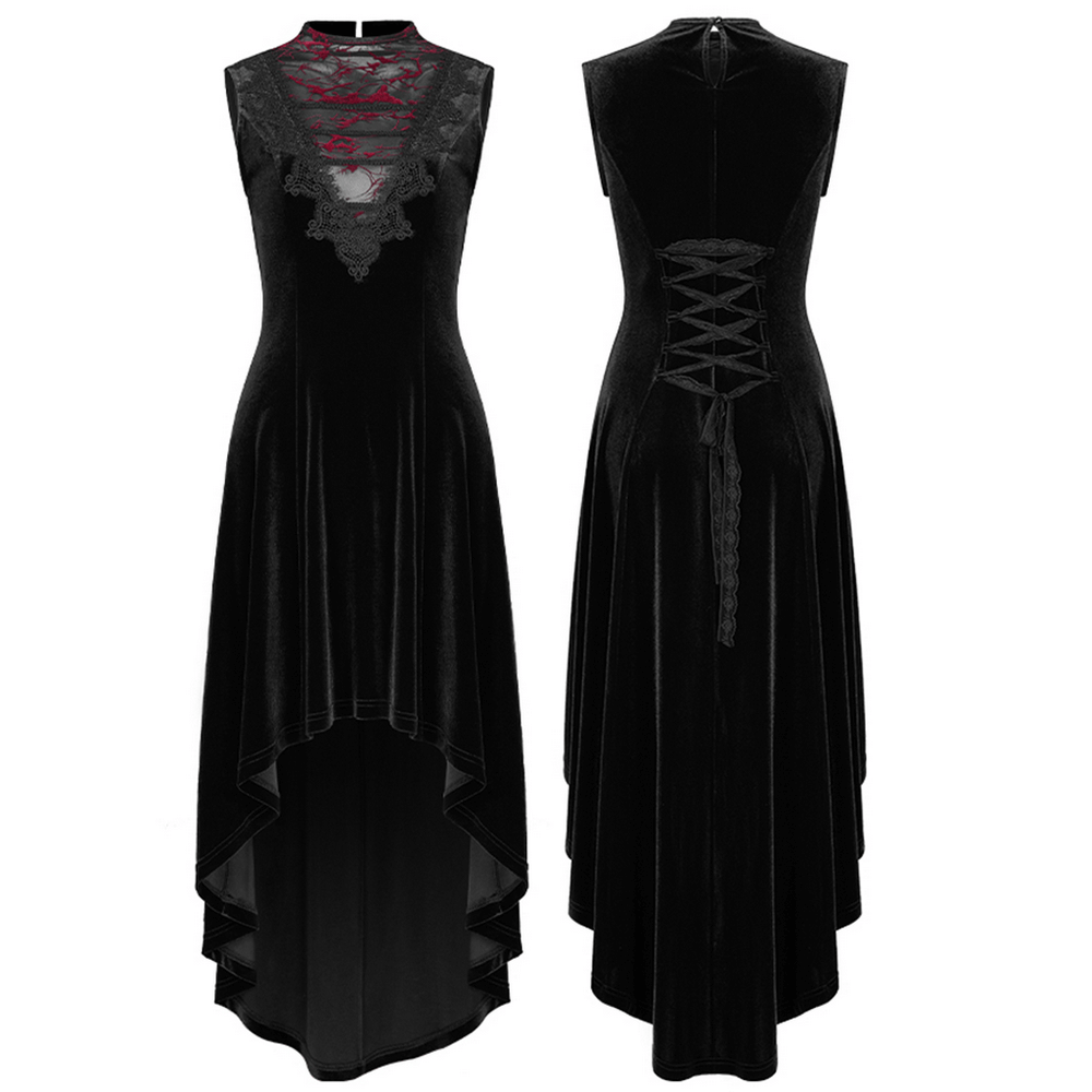 Gothic sleeveless high-low dress in black velvet with lace trim and intricate back design, perfect for Victorian-inspired style.