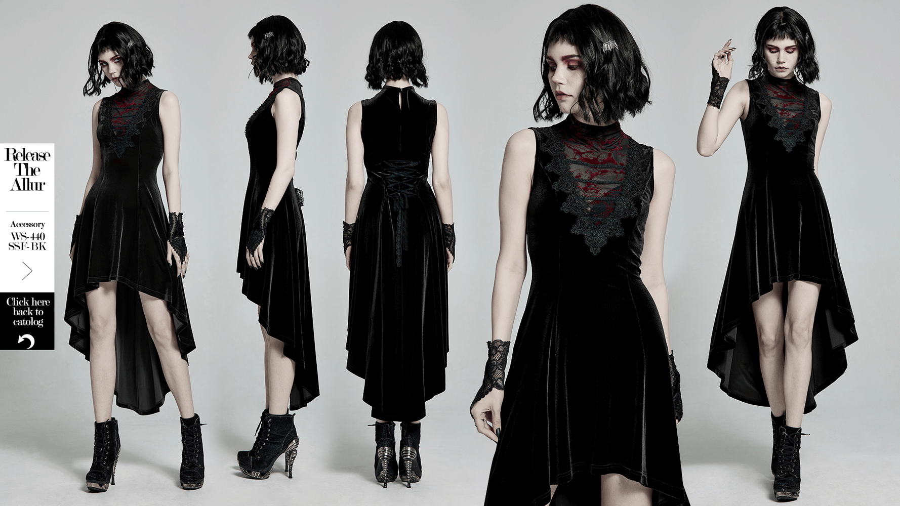 Gothic Sleeveless High-Low Velvet Dress with Lace Trim and Irregular Hem