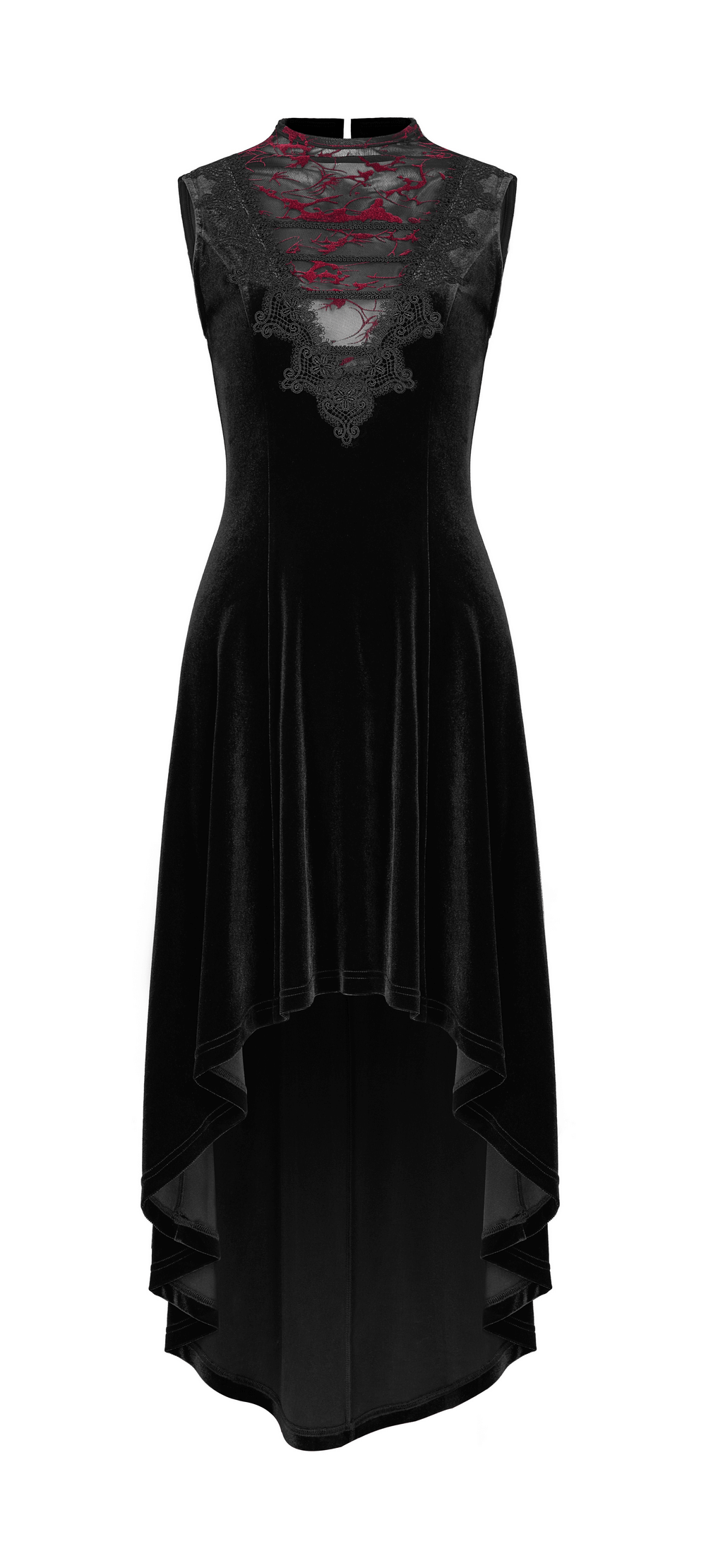 Gothic sleeveless high-low dress in black velvet with lace trim and irregular hemline, ideal for elegant occasions.