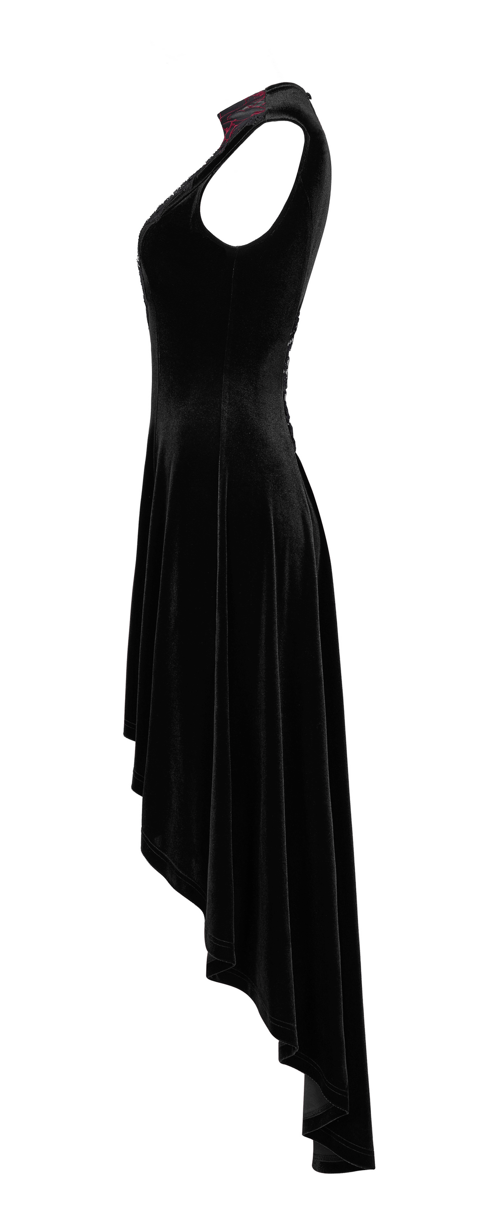 Side view of a Gothic sleeveless high-low dress in black velvet, featuring an elegant irregular hem.