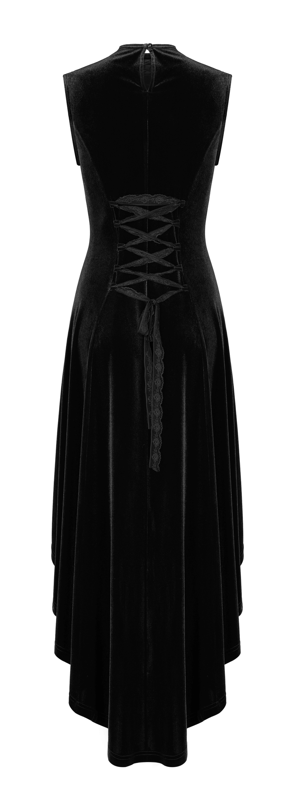 Back view of a Gothic sleeveless velvet dress with lace-up detail and high-low irregular hemline.