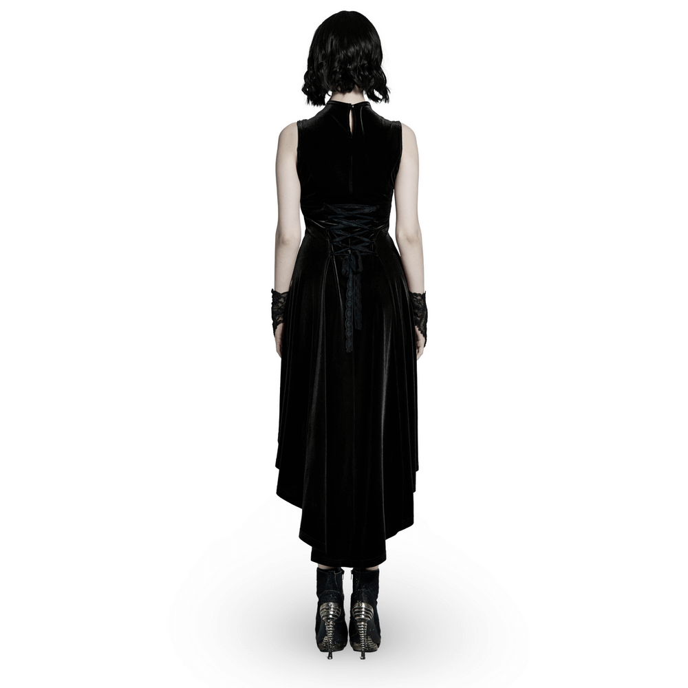 Back view of a Gothic sleeveless high-low dress with lace trim and velvet fabric.