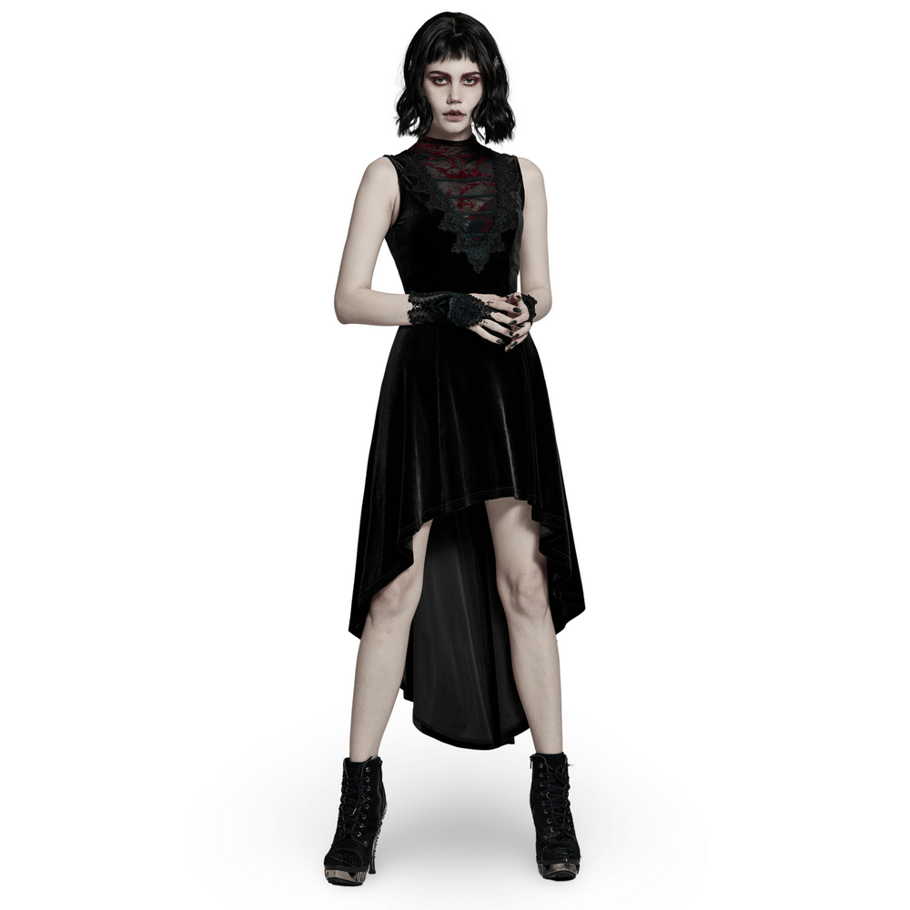 Gothic sleeveless high-low velvet dress with lace trim and a stunning irregular hem, perfect for a Victorian-inspired look.