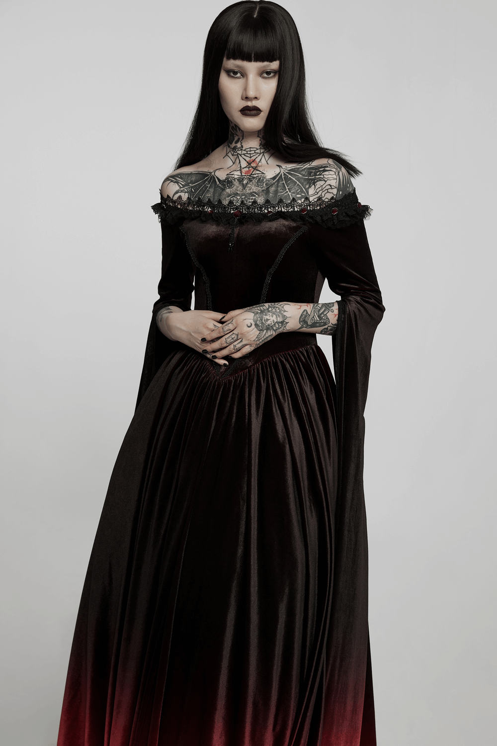 Gothic velvet off-shoulder red gradient dress, elegant and dramatic, perfect for modern empresses.