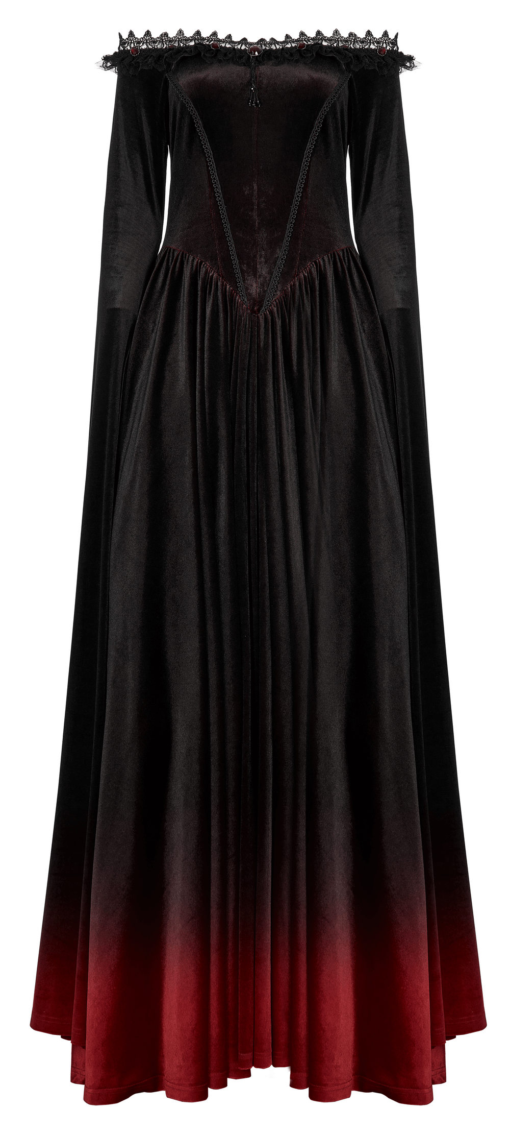 Gothic Velvet Off-Shoulder Red Gradient Dress featuring elegant long sleeves and a flowing skirt.
