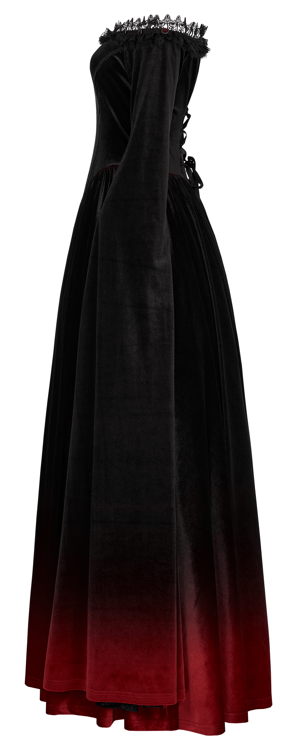 Gothic off-shoulder red gradient velvet medieval dress, elegant and timeless for a modern empress.