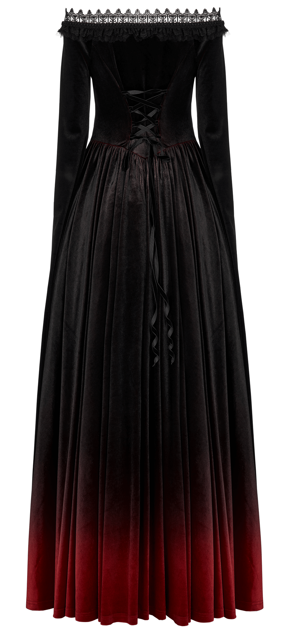 Gothic velvet off-shoulder dress with red gradient, featuring intricate lace and elegant back lacing, perfect for any medieval-themed event.