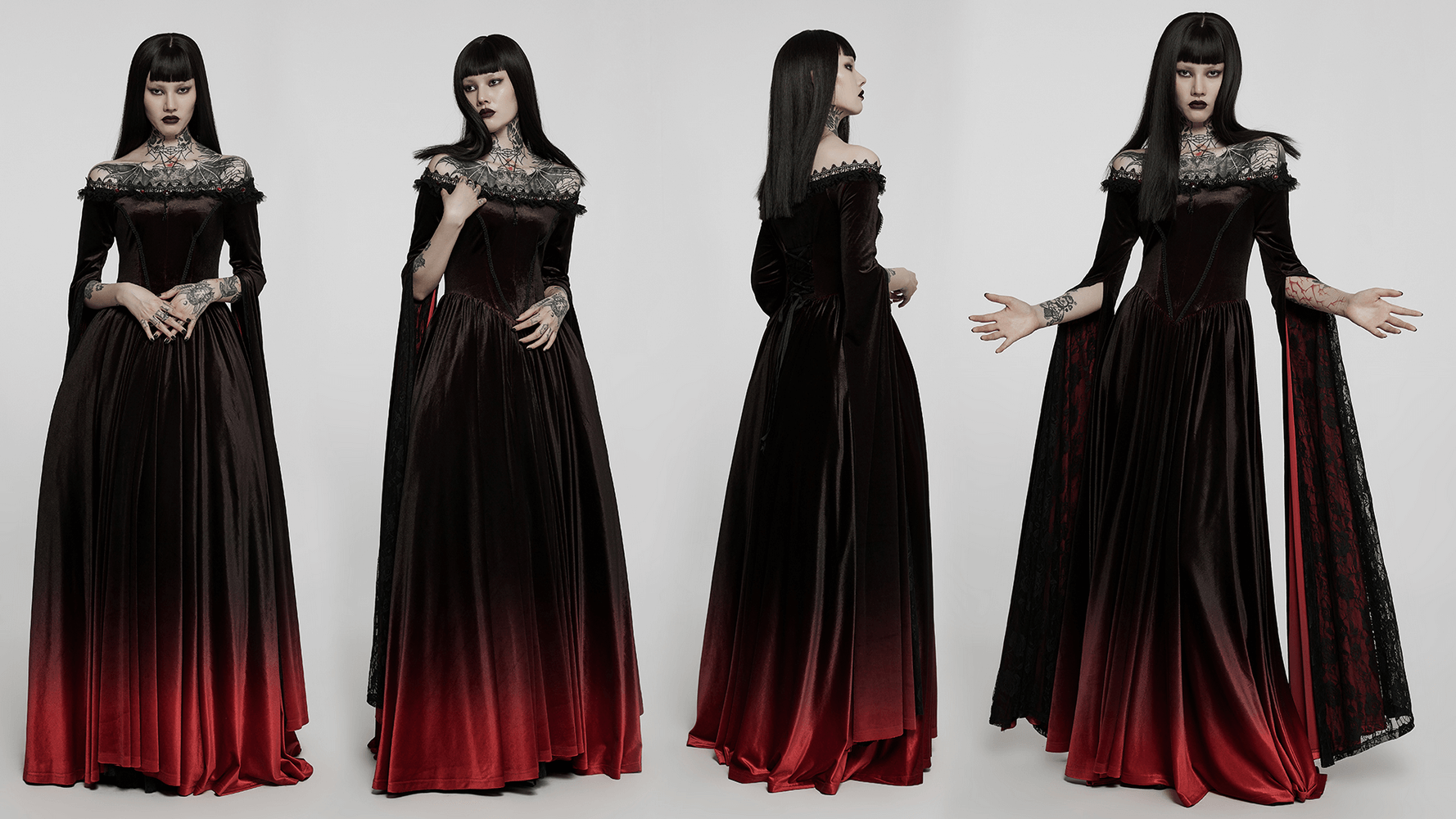Gothic velvet off-shoulder red gradient dress with elegant sleeves, perfect for modern medieval fashion.