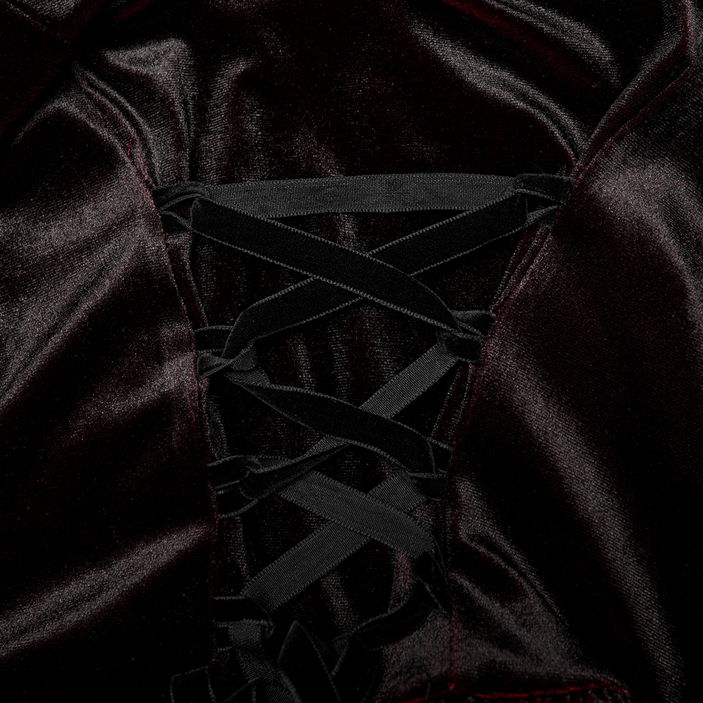 Close-up of the intricate lace-up back design of a Velvet Off-Shoulder Red Gradient Medieval Dress.