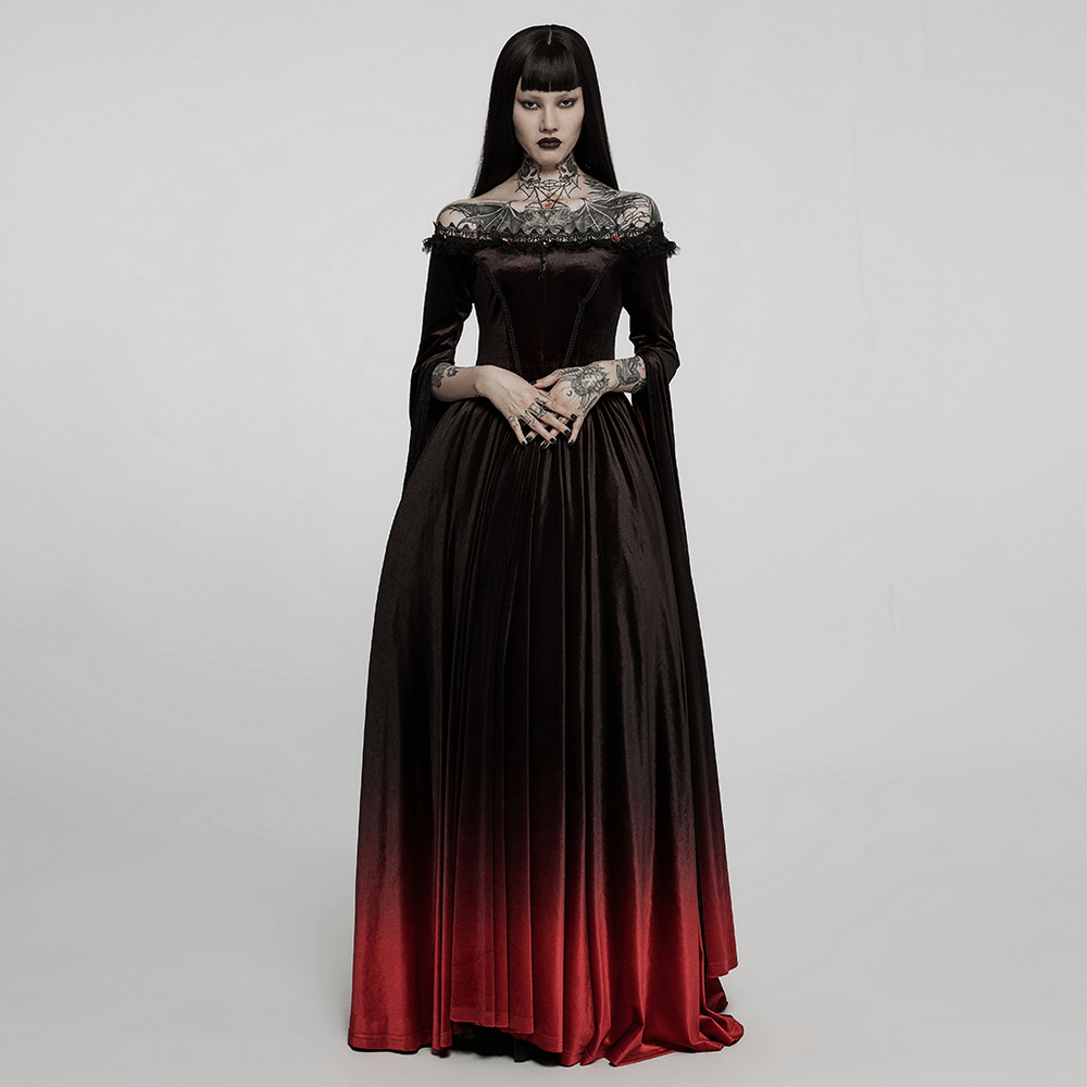 Gothic red gradient velvet off-shoulder medieval dress ideal for elegant occasions.