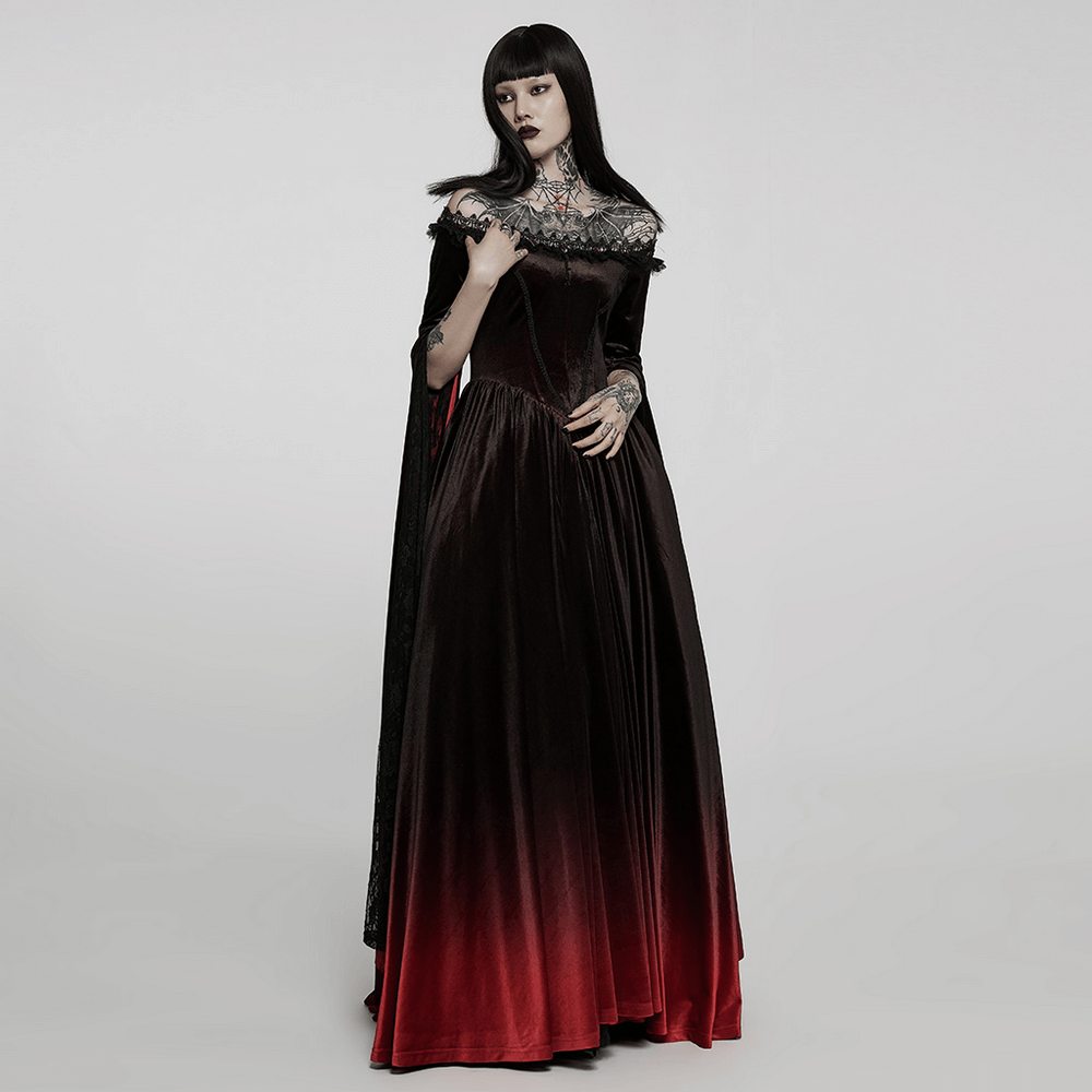 Elegant Gothic Velvet Off-Shoulder Red Gradient Medieval Dress for modern empresses, showcasing timeless charm.
