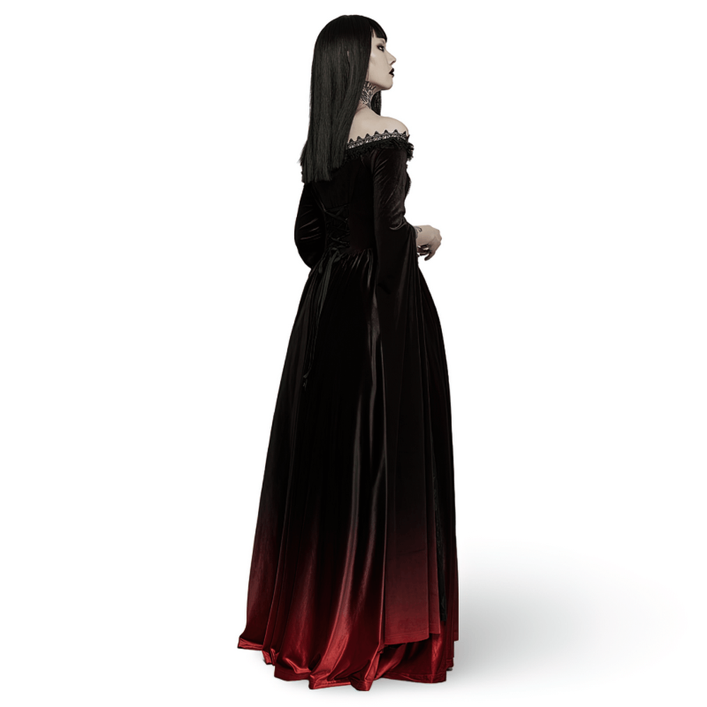 Elegant woman in a red gradient velvet off-shoulder medieval dress, showcasing gothic charm and timeless elegance.